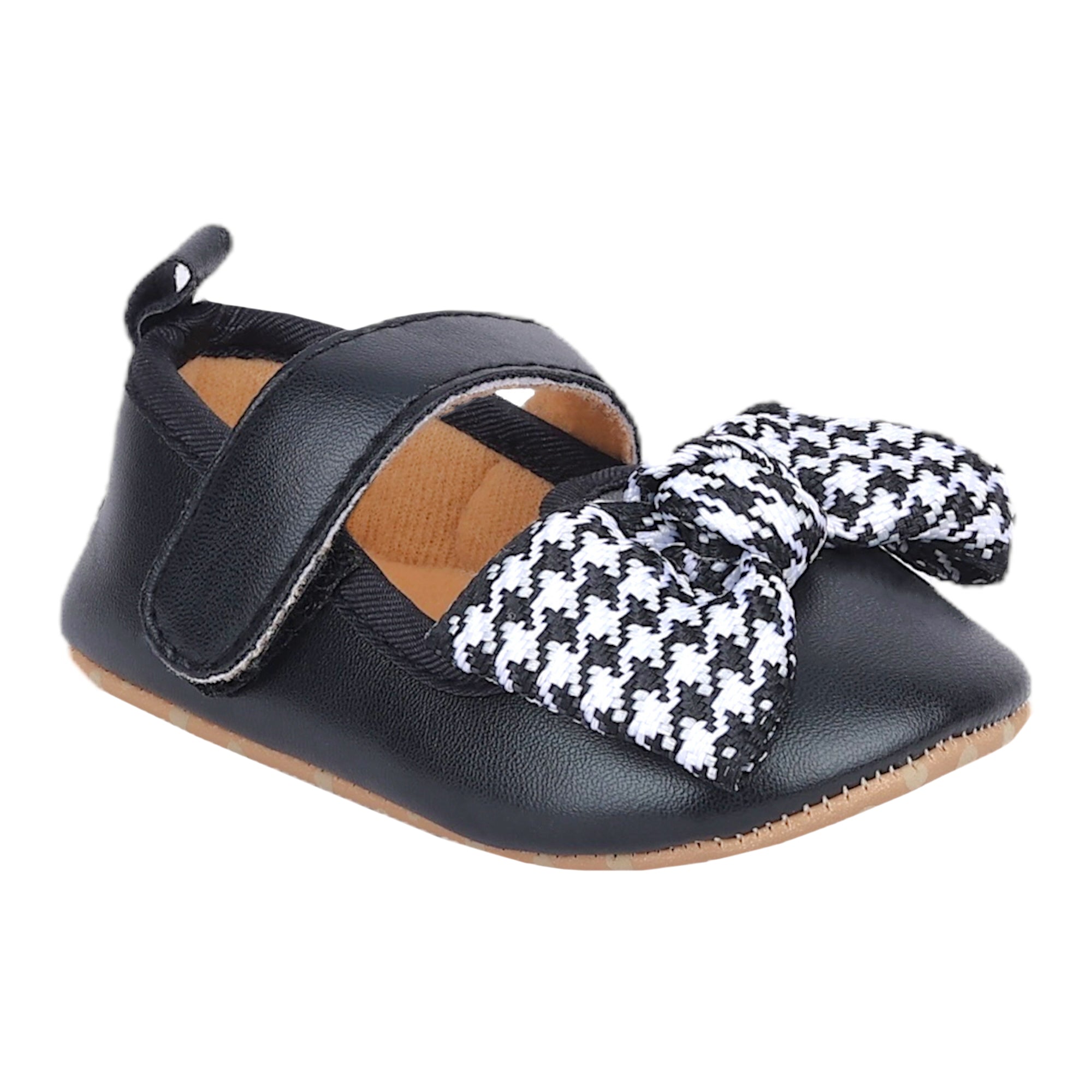 Baby Moo Houndstooth Bow Knot Velcro Strap Anti-Skid Ballerina Booties - Black