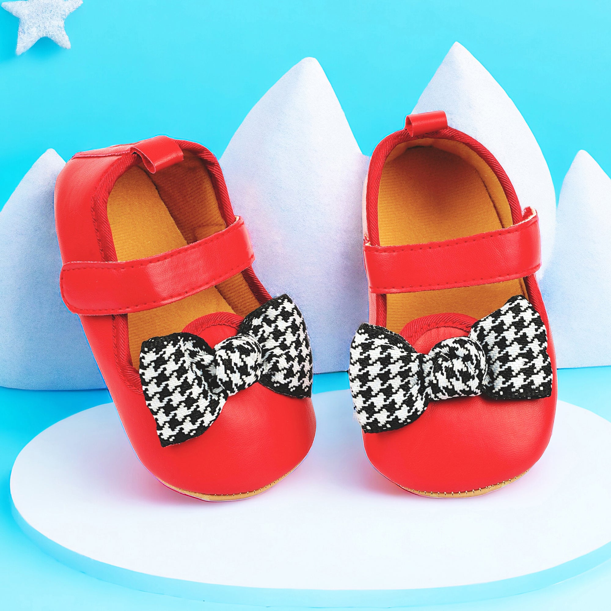 Baby Moo Houndstooth Bow Knot Velcro Strap Anti-Skid Ballerina Booties - Red