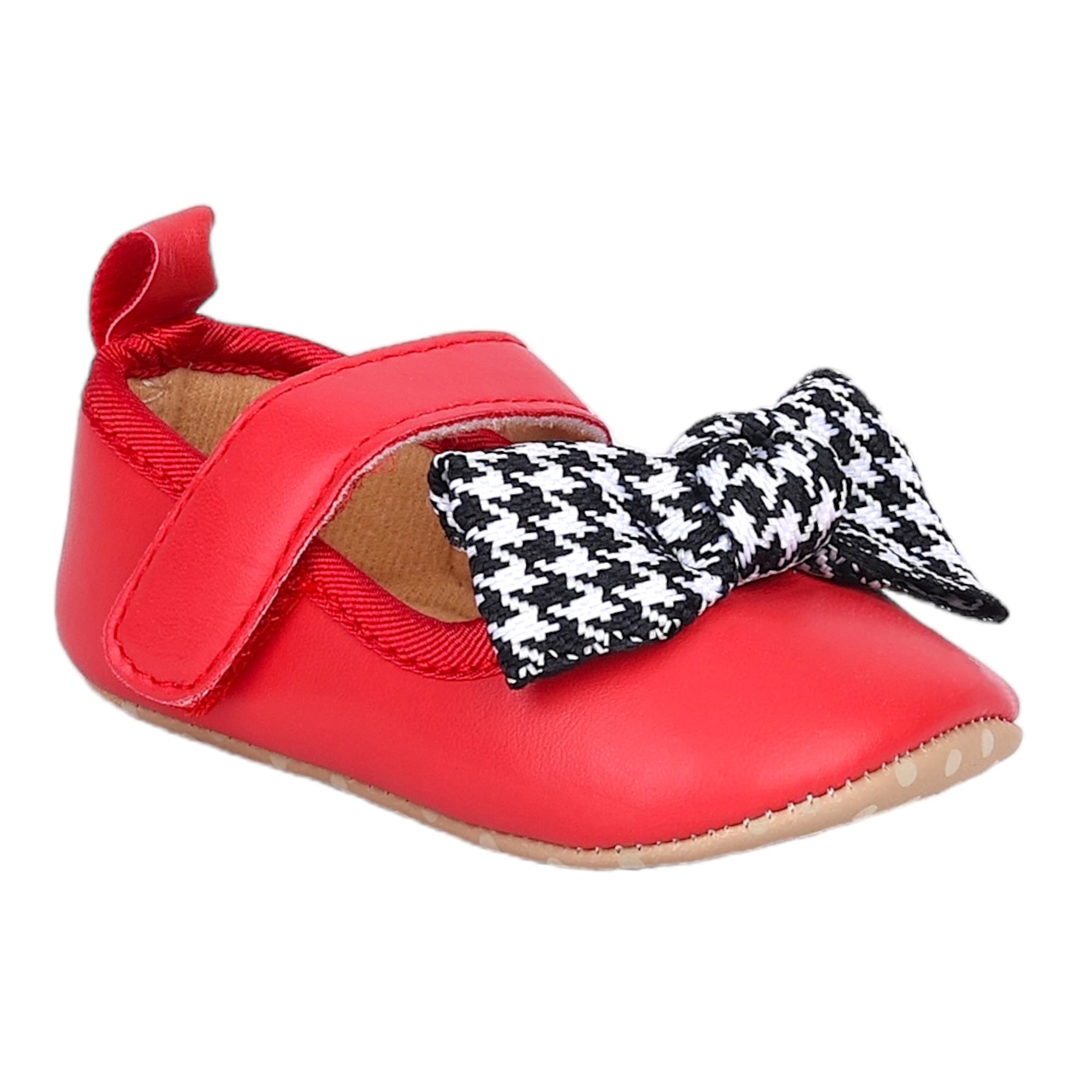 Baby Moo Houndstooth Bow Knot Velcro Strap Anti-Skid Ballerina Booties - Red