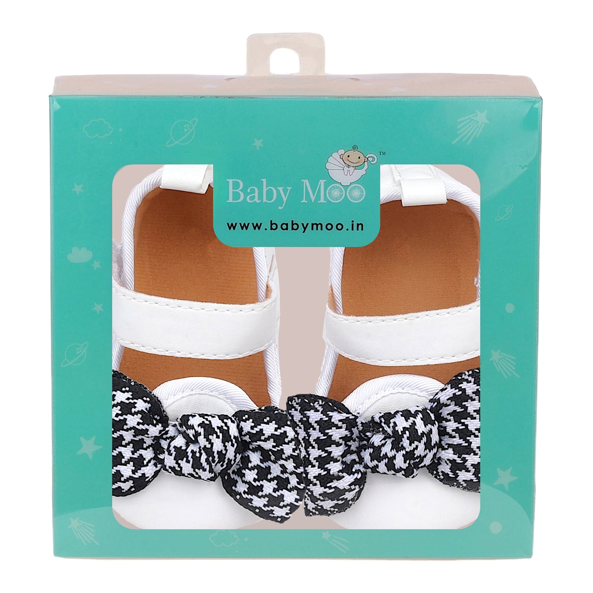 Baby Moo Houndstooth Bow Knot Velcro Strap Anti-Skid Ballerina Booties - White