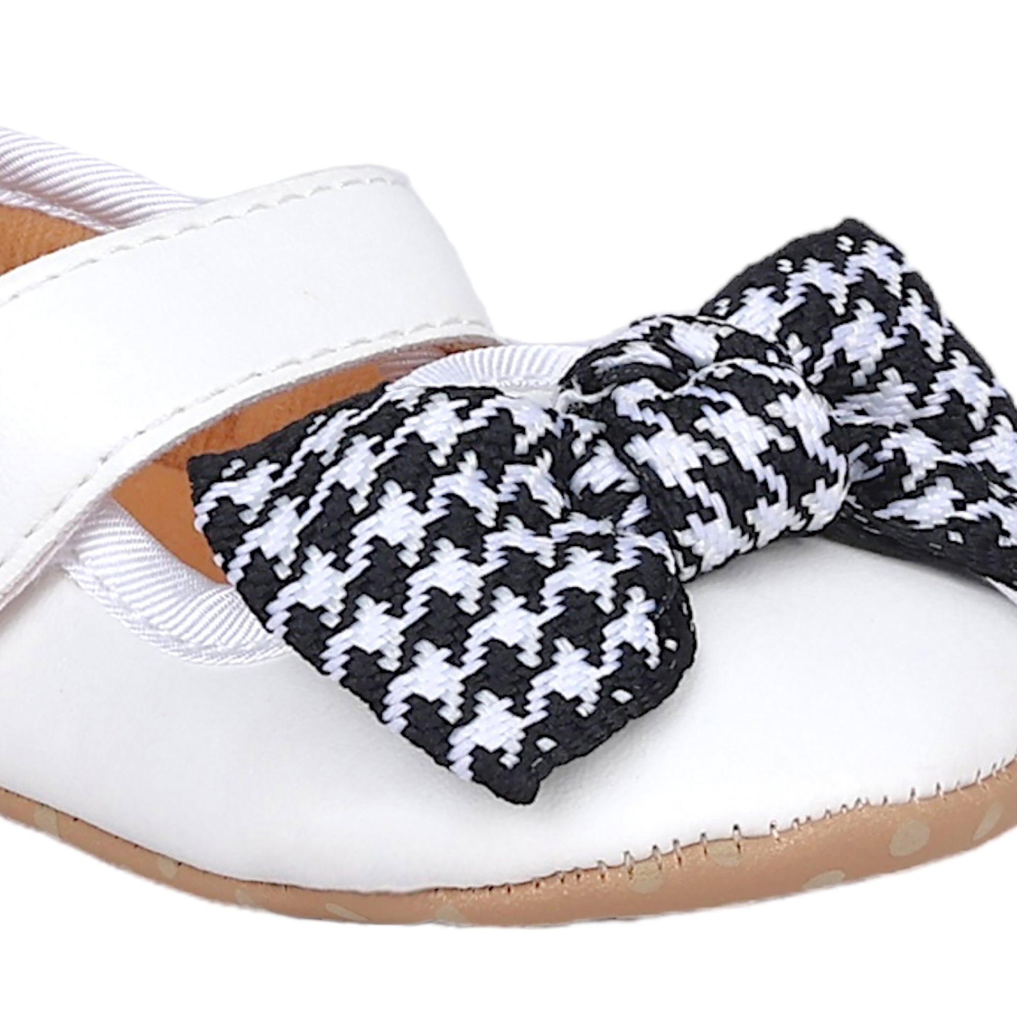 Baby Moo Houndstooth Bow Knot Velcro Strap Anti-Skid Ballerina Booties - White