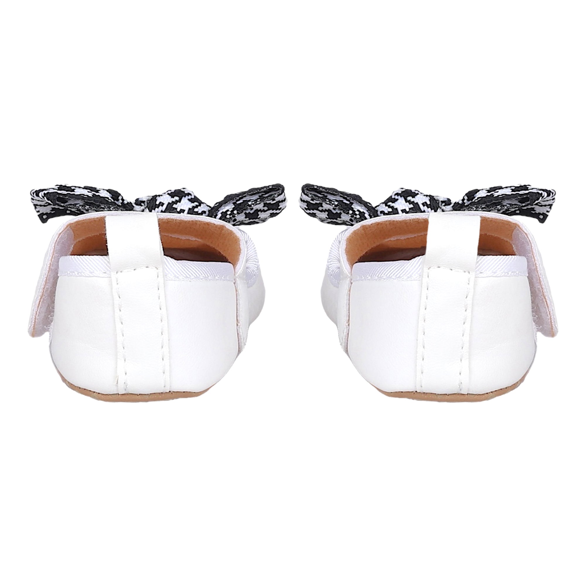 Baby Moo Houndstooth Bow Knot Velcro Strap Anti-Skid Ballerina Booties - White