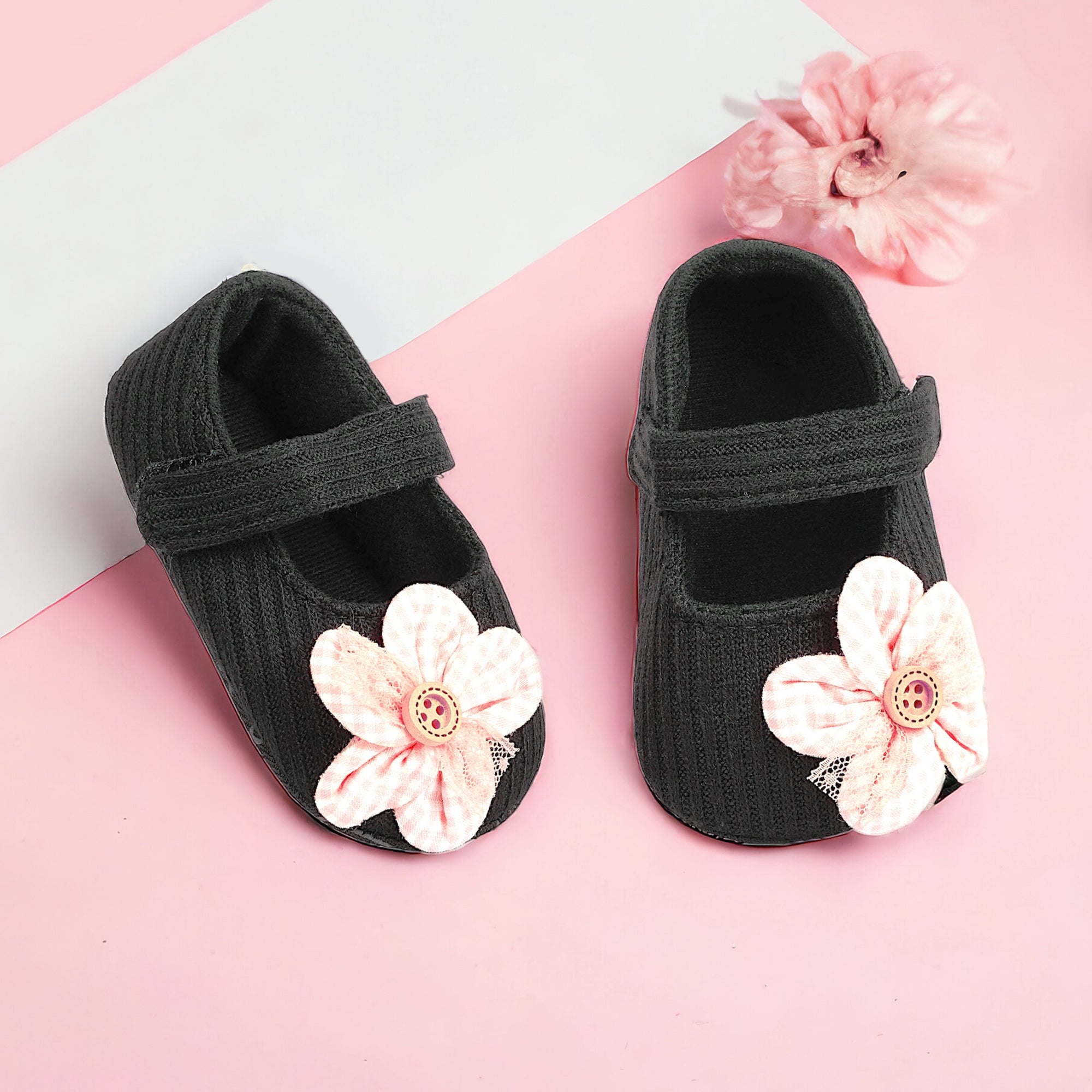 Baby Moo Flower Button Velcro Strap Ribbed Anti-Skid Ballerina Booties - Black, Peach