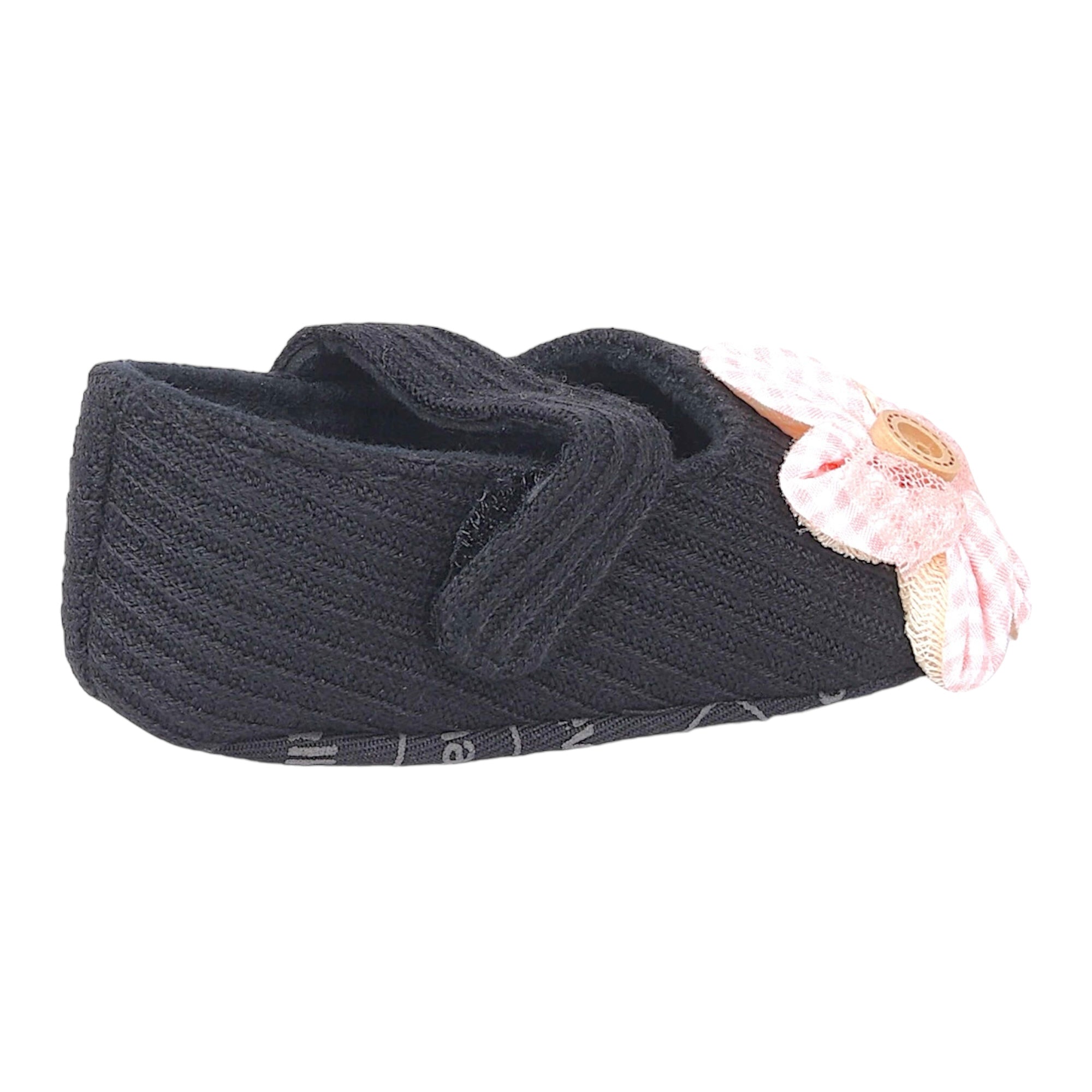 Baby Moo Flower Button Velcro Strap Ribbed Anti-Skid Ballerina Booties - Black, Peach