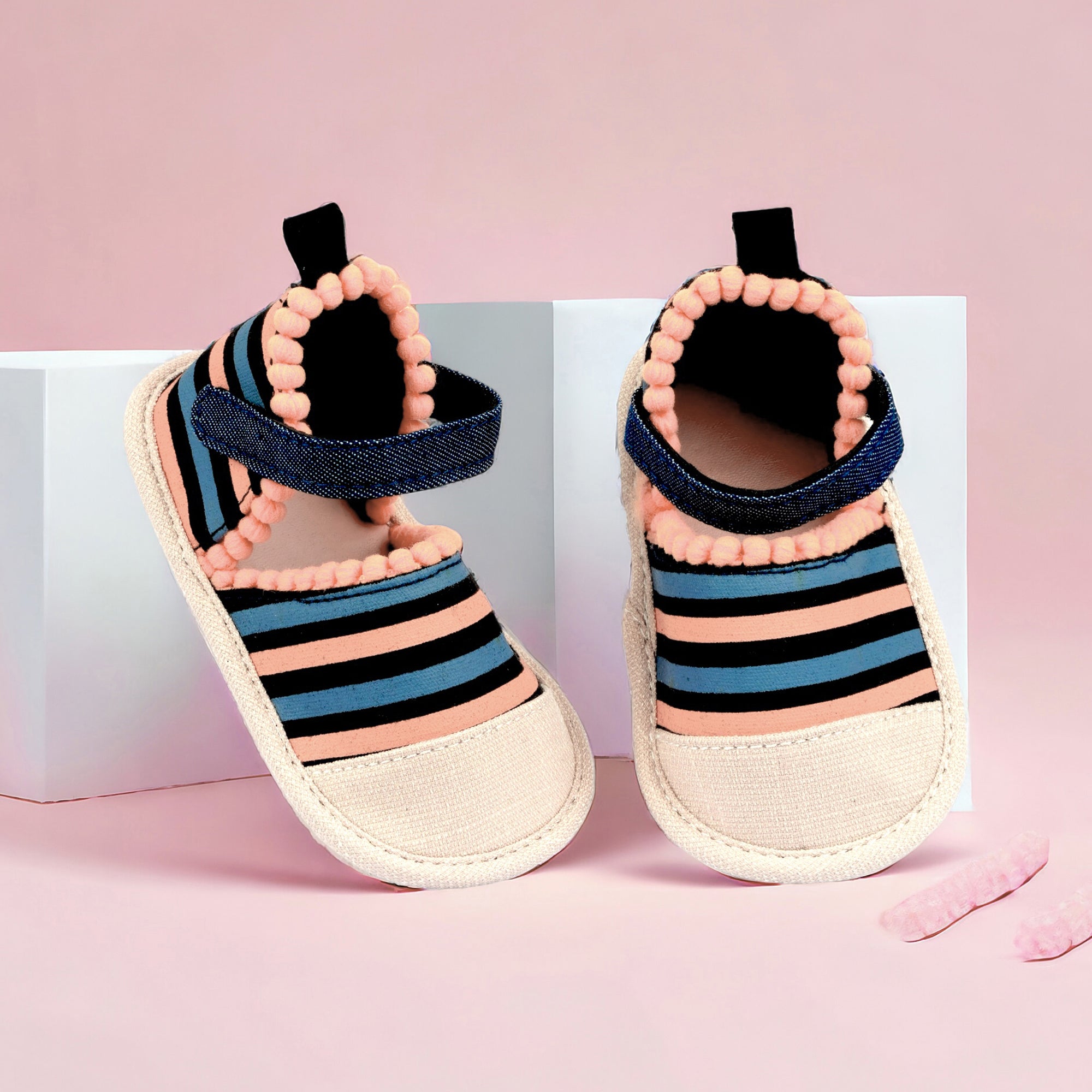 Baby Moo Striped Handmade Pom Pom Trim Velcro Straps Anti-Skid Sandals - Peach, Black