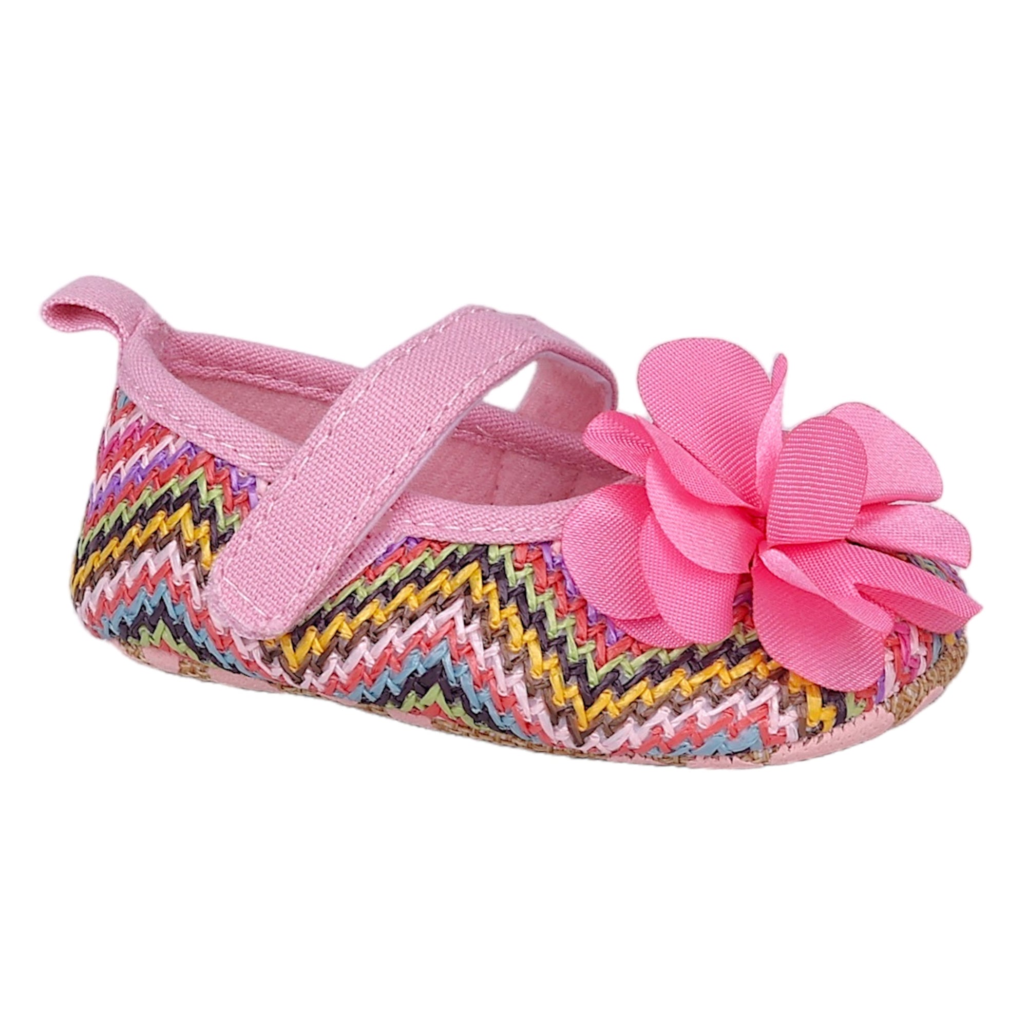 Baby Moo Embellished Petals Colourful Woven Anti-Skid Ballerina Booties - Pink