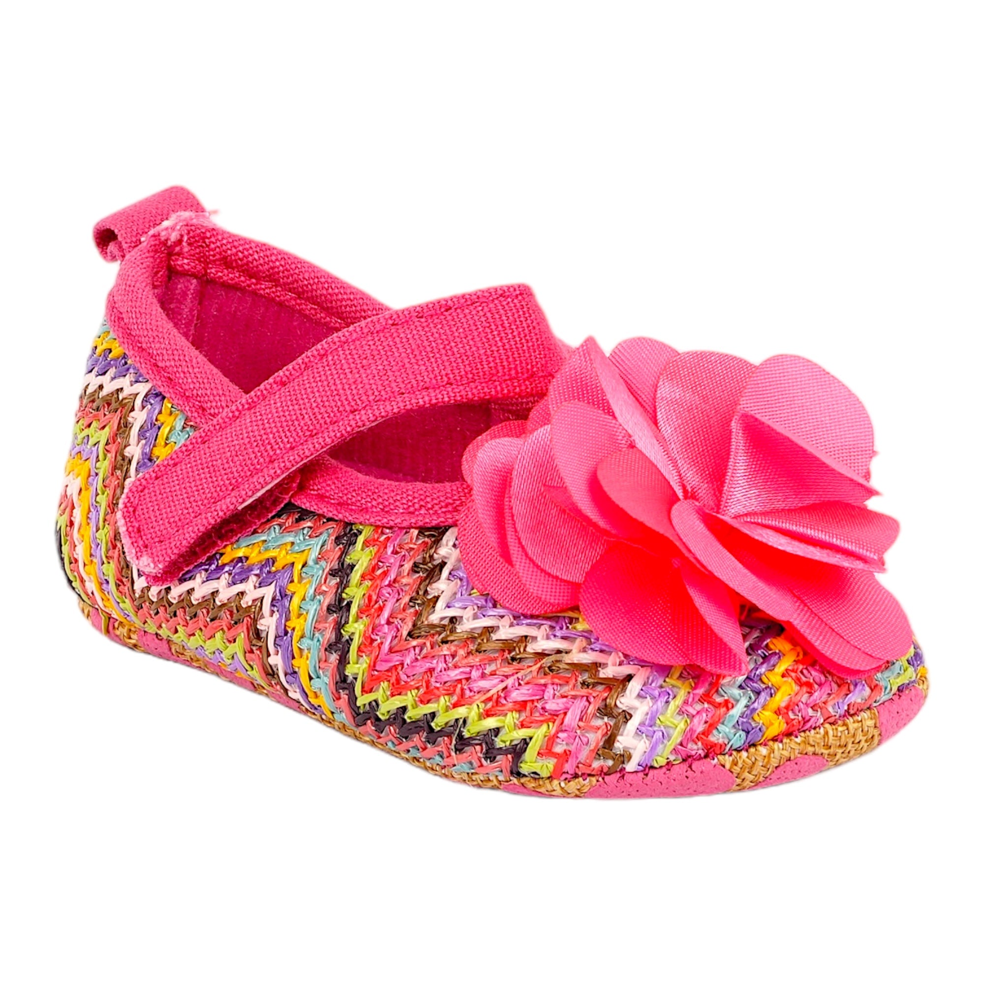 Baby Moo Embellished Flower Colourful Woven Anti-Skid Ballerina Booties - Pink