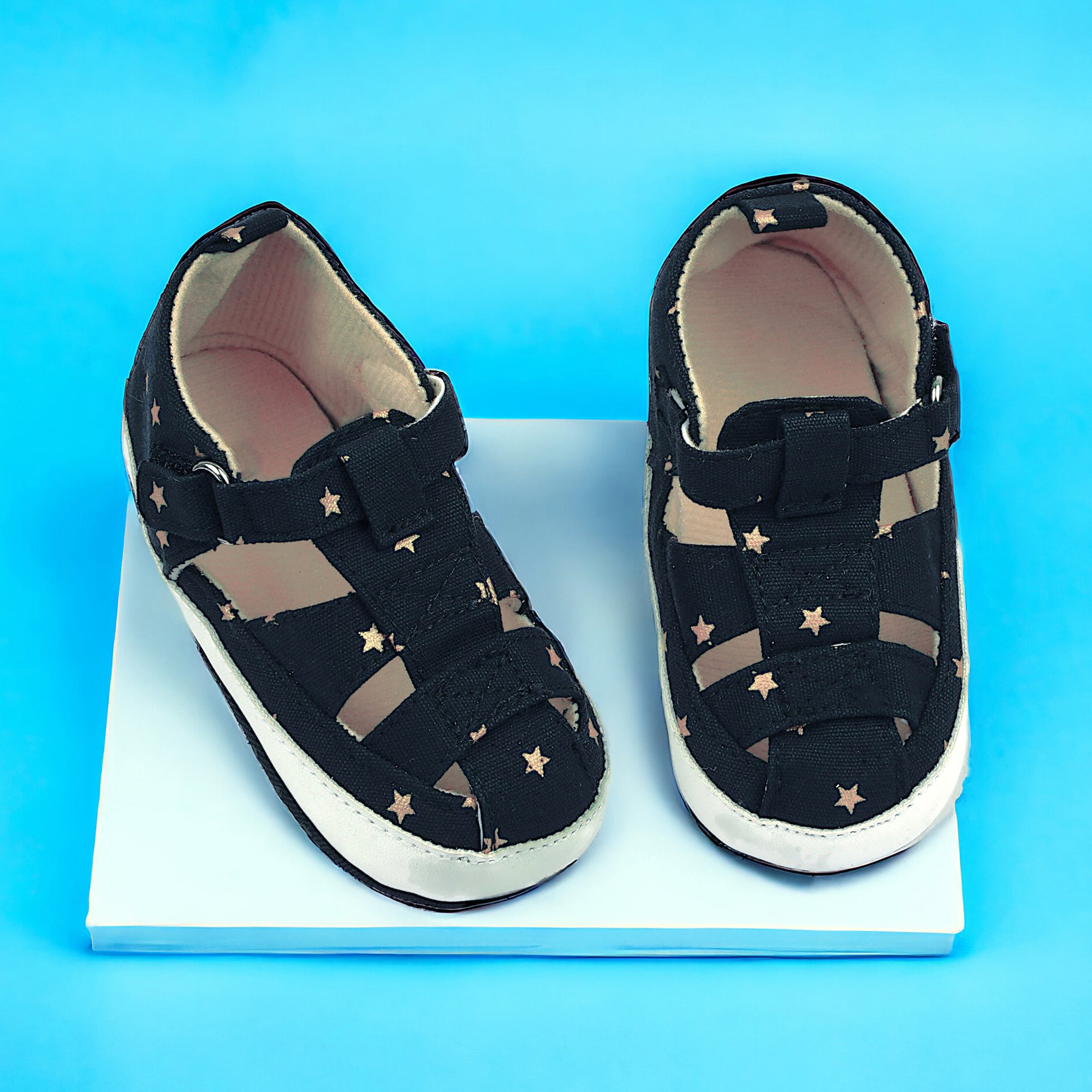 Baby Moo Starry Stylish Anti-Slip Velcro Hook-Loop Sandals - Black