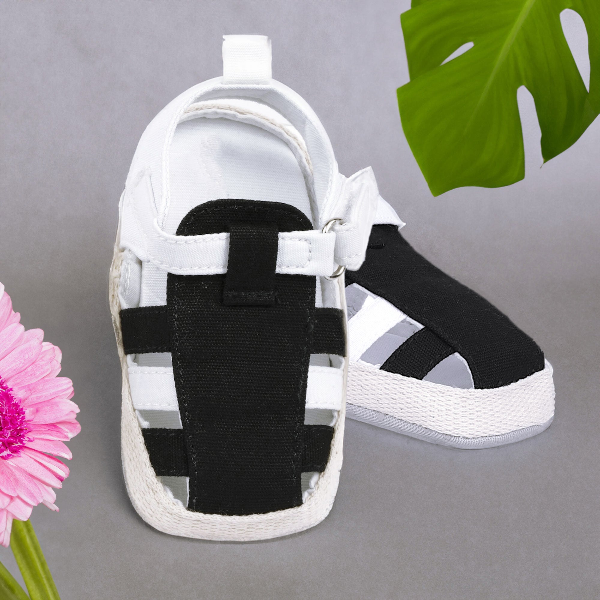Baby Moo Stylish And Breathable Velcro Straps Anti-Skid Sandals - Black, White
