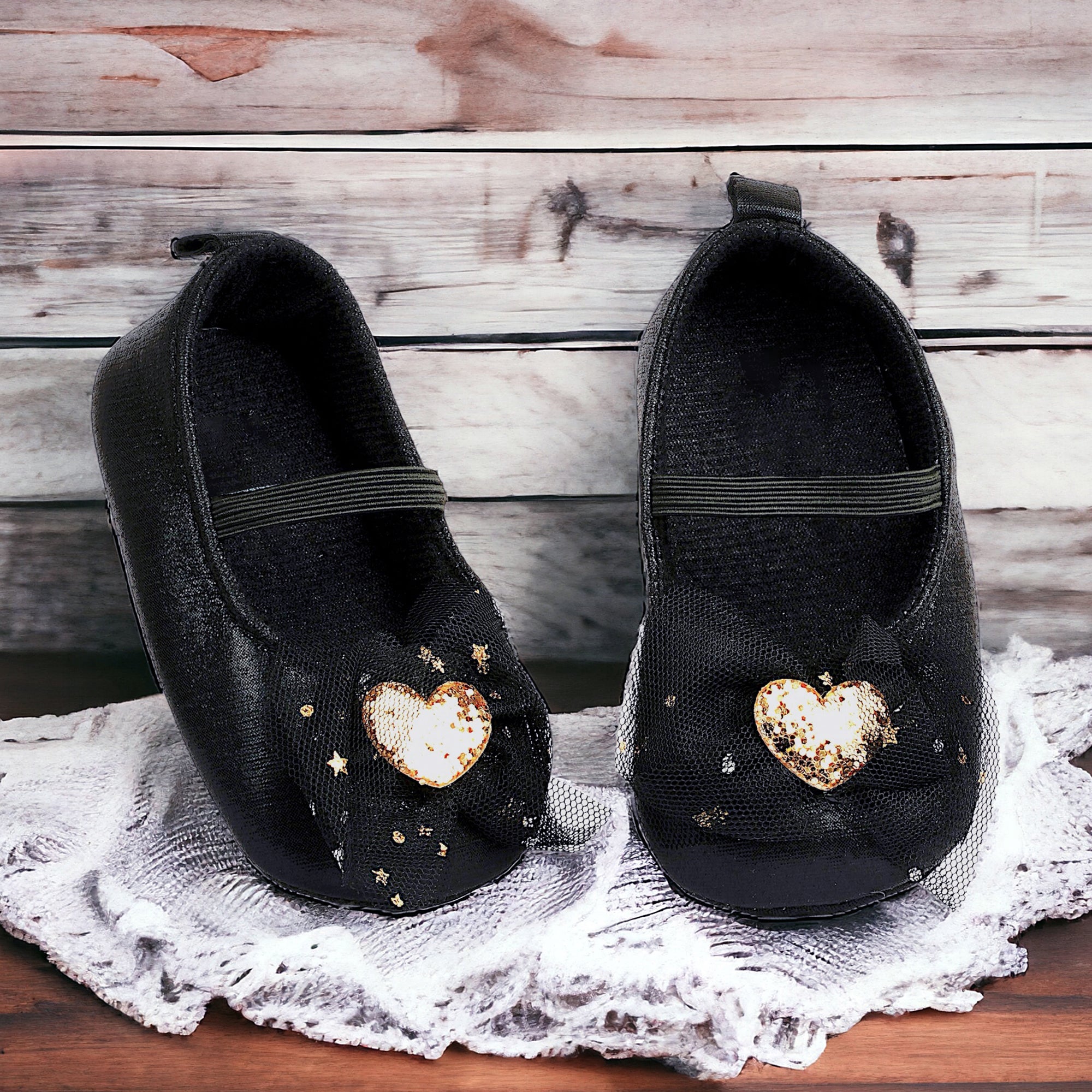 Baby Moo Embellished Bow Glittery Heart Anti-Skid Ballerina Booties - Black