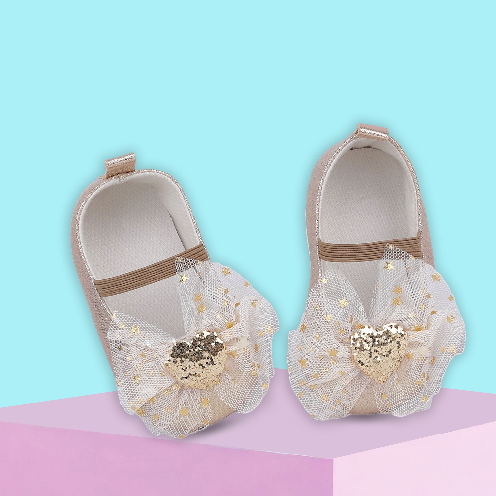 Baby Moo Embellished Bow Glittery Heart Anti-Skid Ballerina Booties - Gold