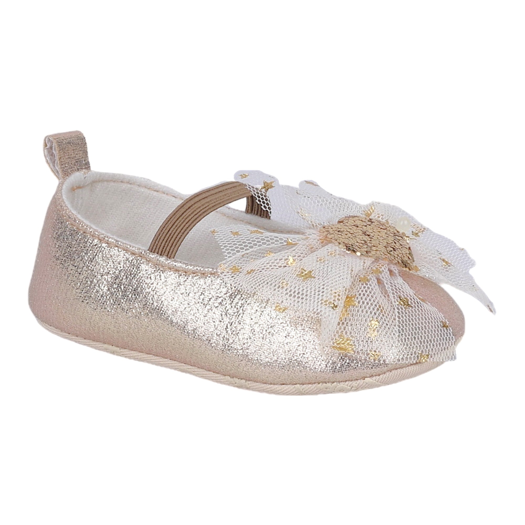 Baby Moo Embellished Bow Glittery Heart Anti-Skid Ballerina Booties - Gold