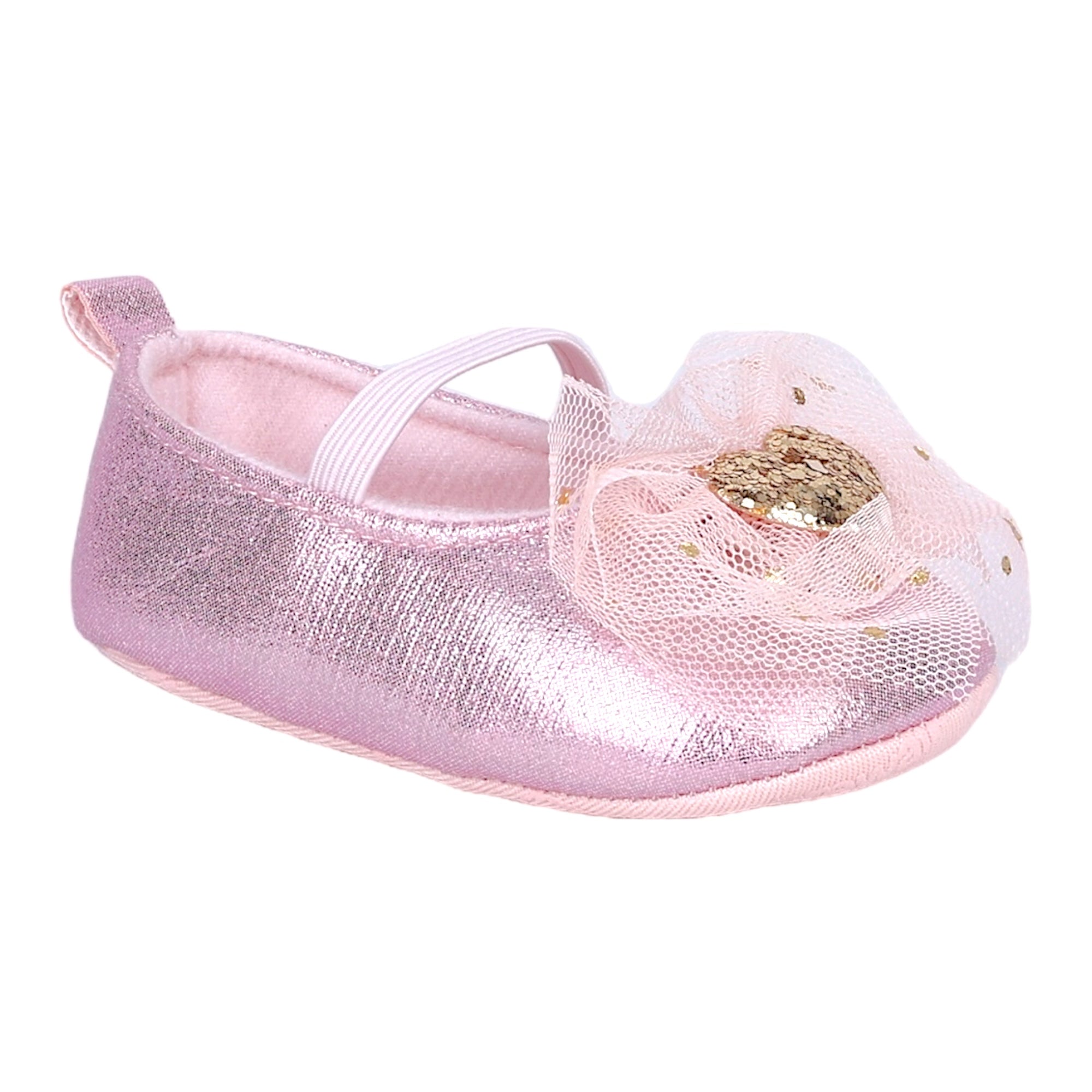 Baby Moo Embellished Bow Glittery Heart Anti-Skid Ballerina Booties - Pink