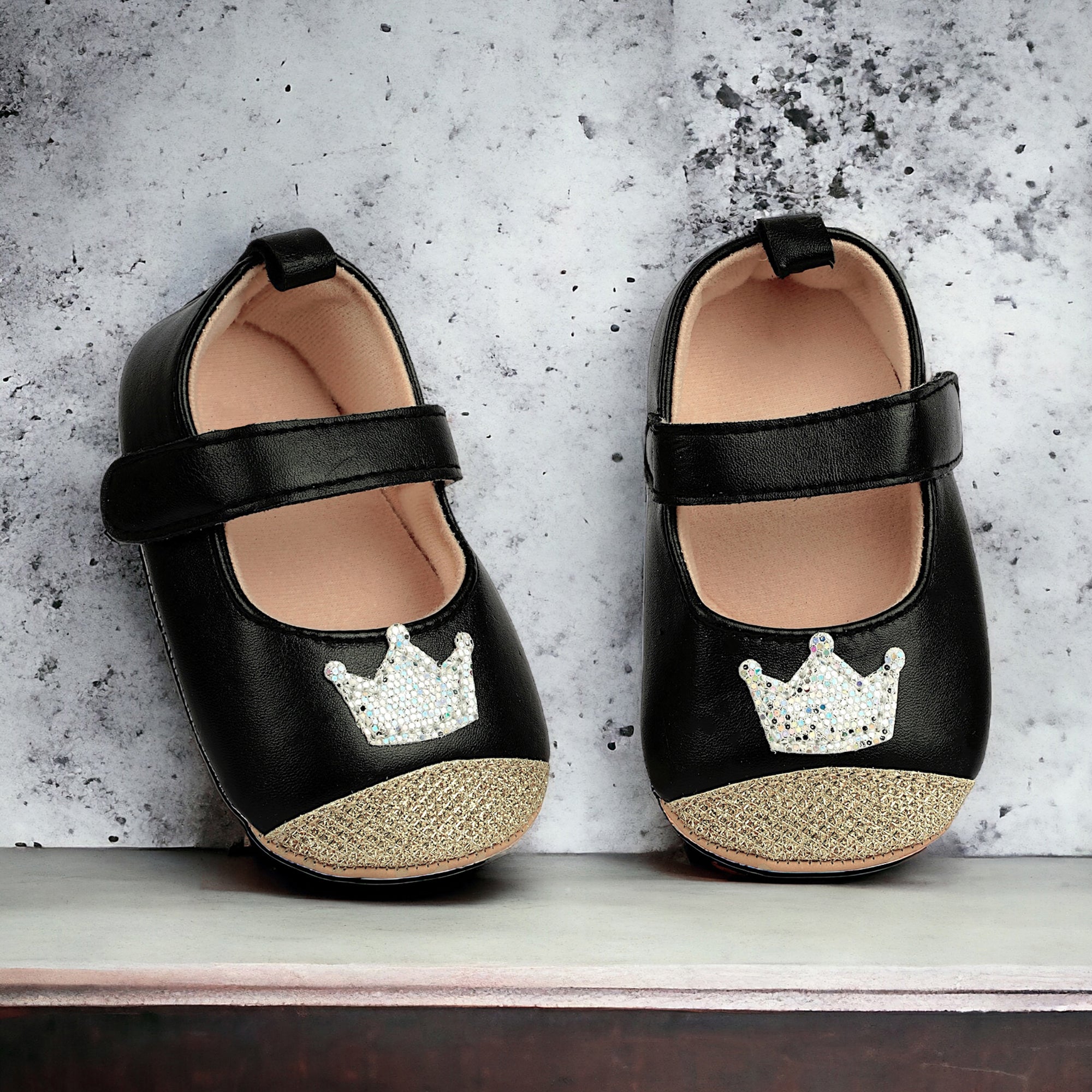 Baby Moo Crown Sequin Partywear Anti-Skid Ballerina Booties - Black