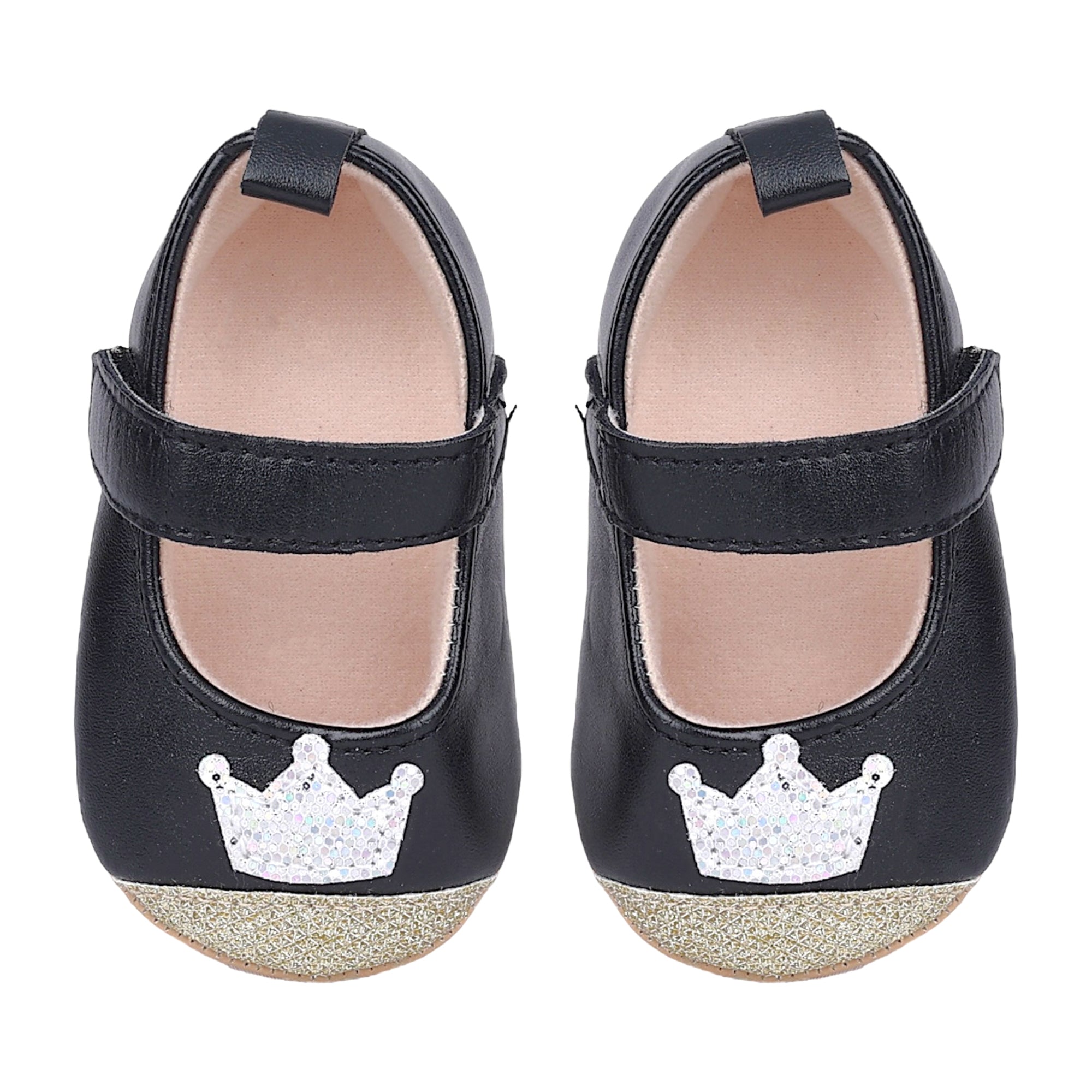 Baby Moo Crown Sequin Partywear Anti-Skid Ballerina Booties - Black