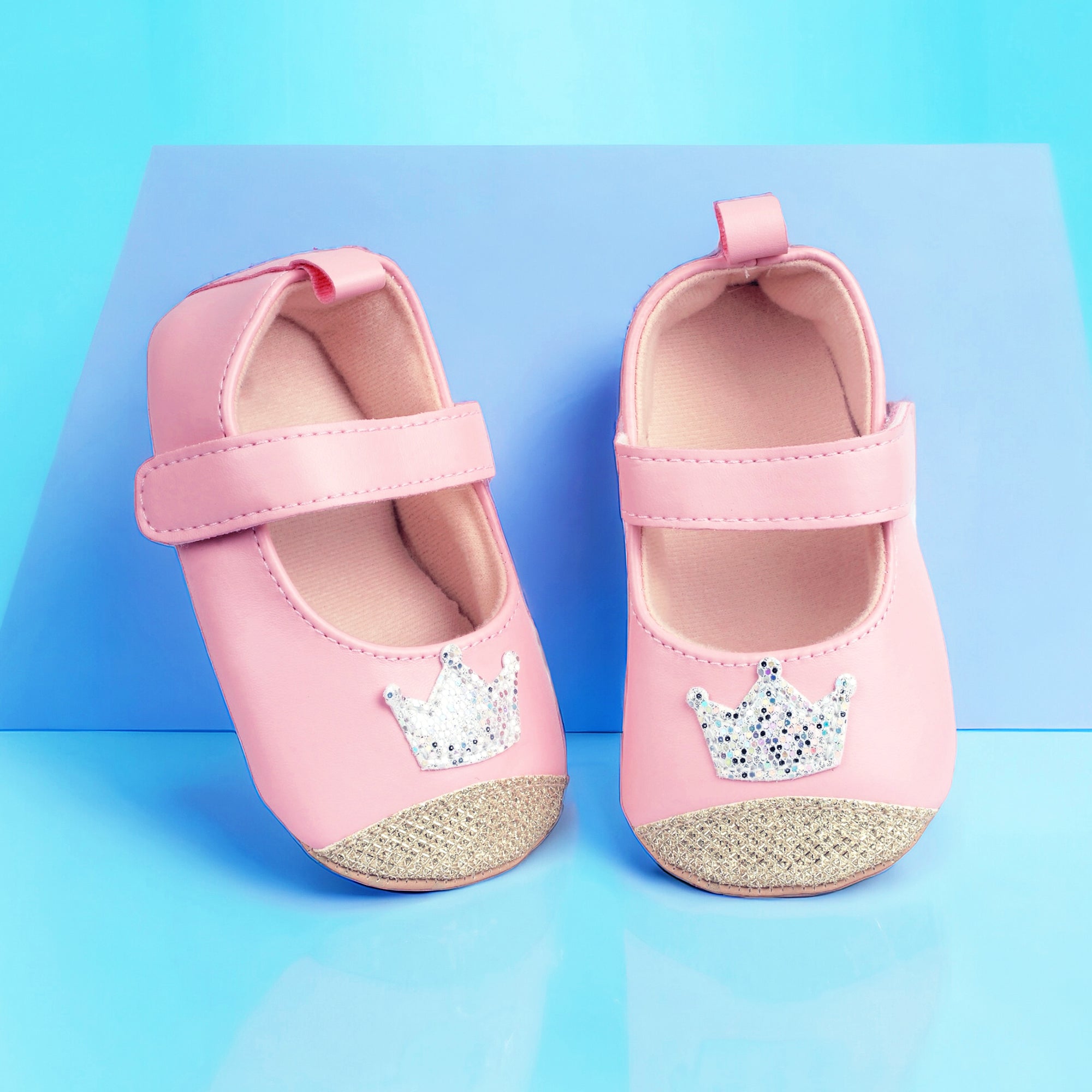 Baby Moo Crown Sequin Partywear Anti-Skid Ballerina Booties - Pink