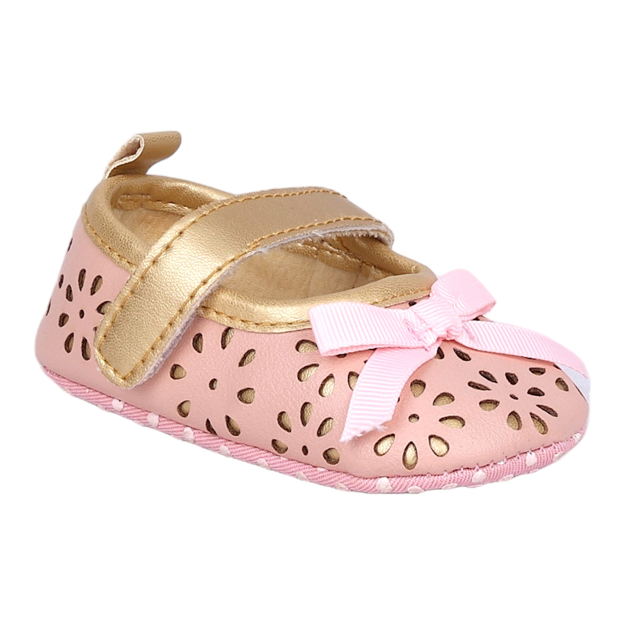 Baby Moo Flower Cut-Out Bow Velcro Strap Anti-Skid Ballerina Booties - Pink