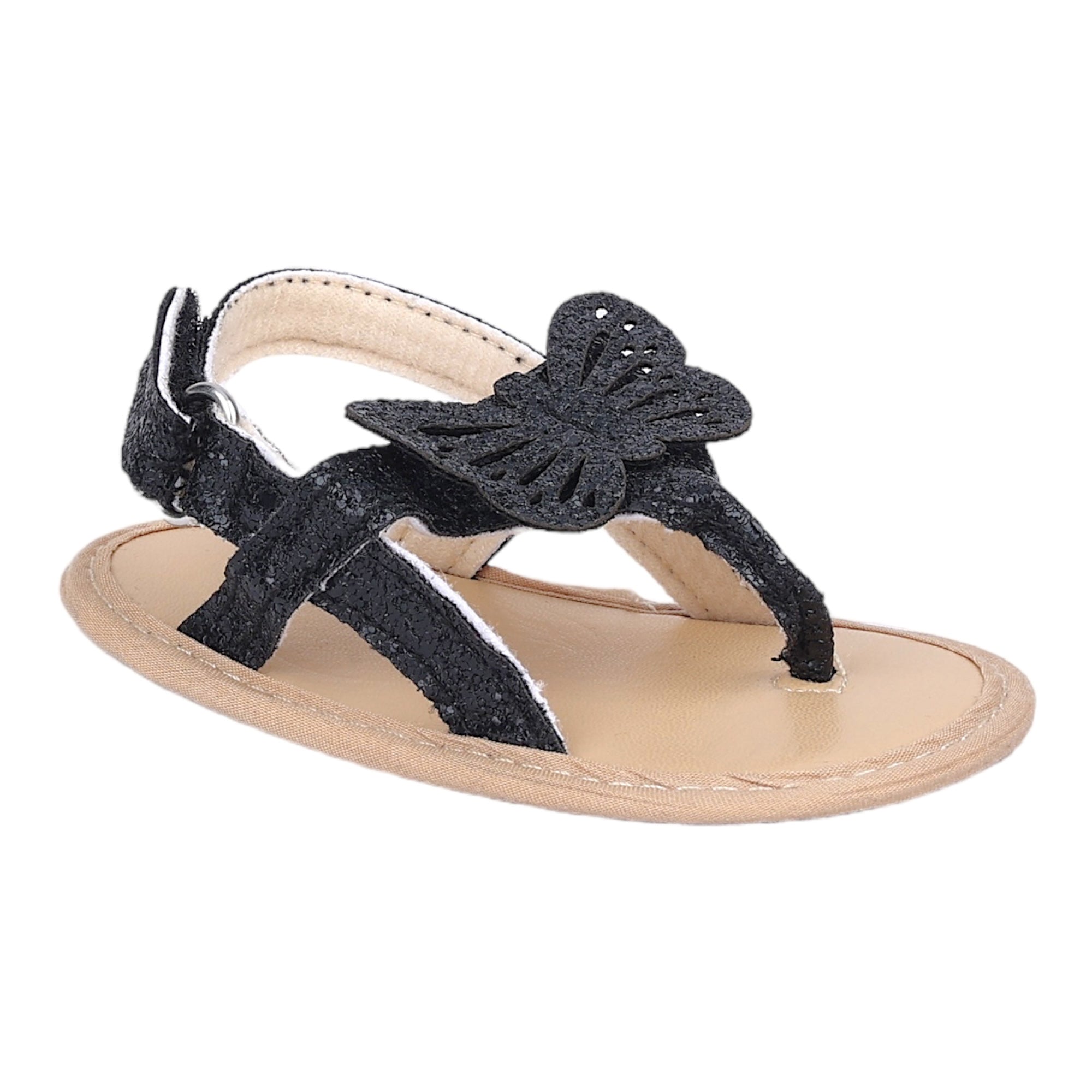 Baby Moo Sequin Butterfly Velcro Straps Anti-Skid Open Toe Sandals - Black