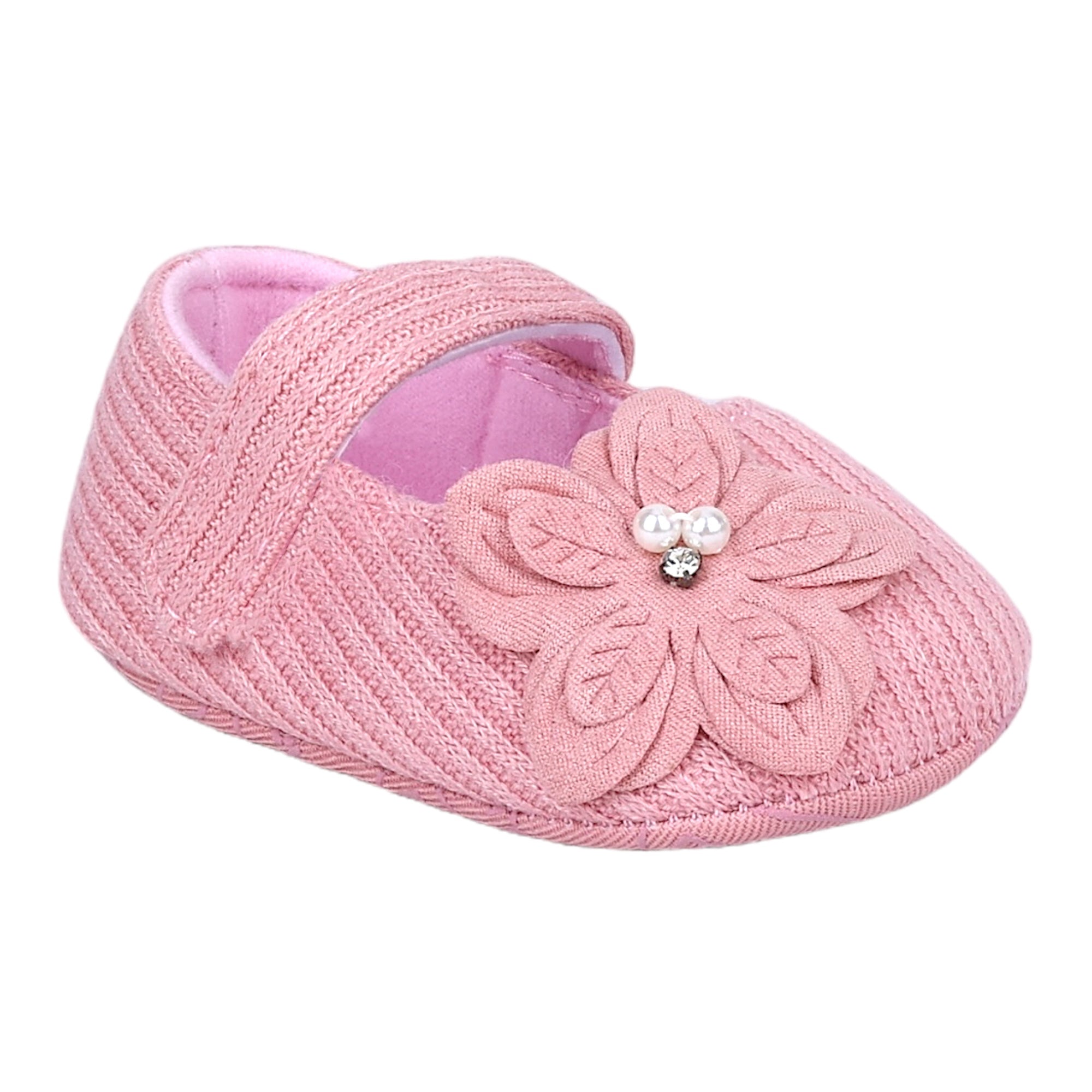Baby Moo Elegant Embellished Flower Velcro Strap Anti-Skid Ballerina Booties - Pink