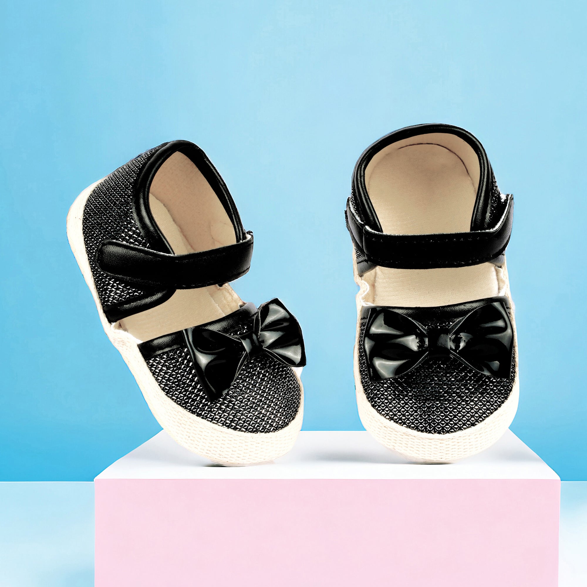 Baby Moo Glittery Partywear Bow Velcro Strap Anti-Skid Sandals - Black