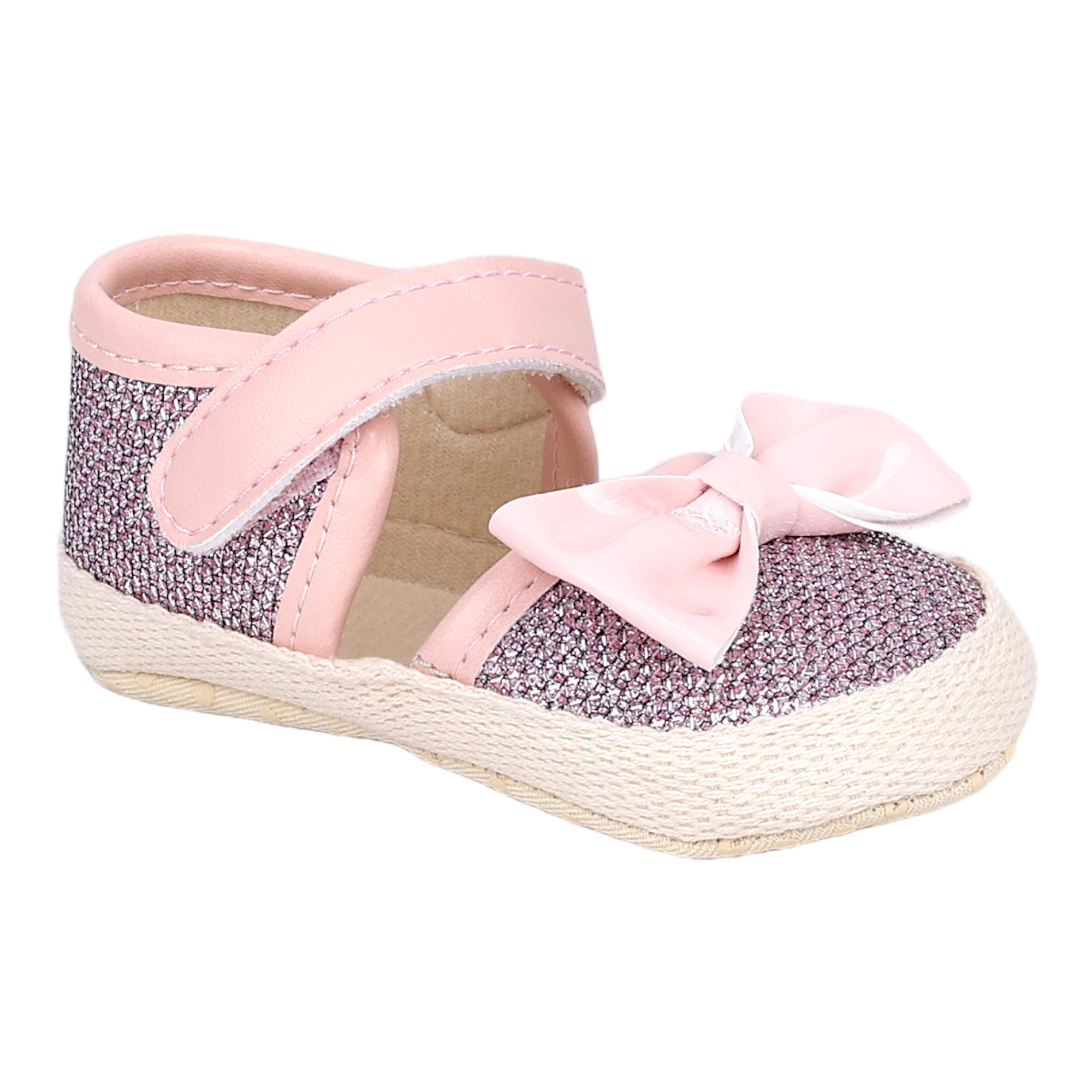 Baby Moo Glittery Partywear Bow Velcro Strap Anti-Skid Sandals - Pink
