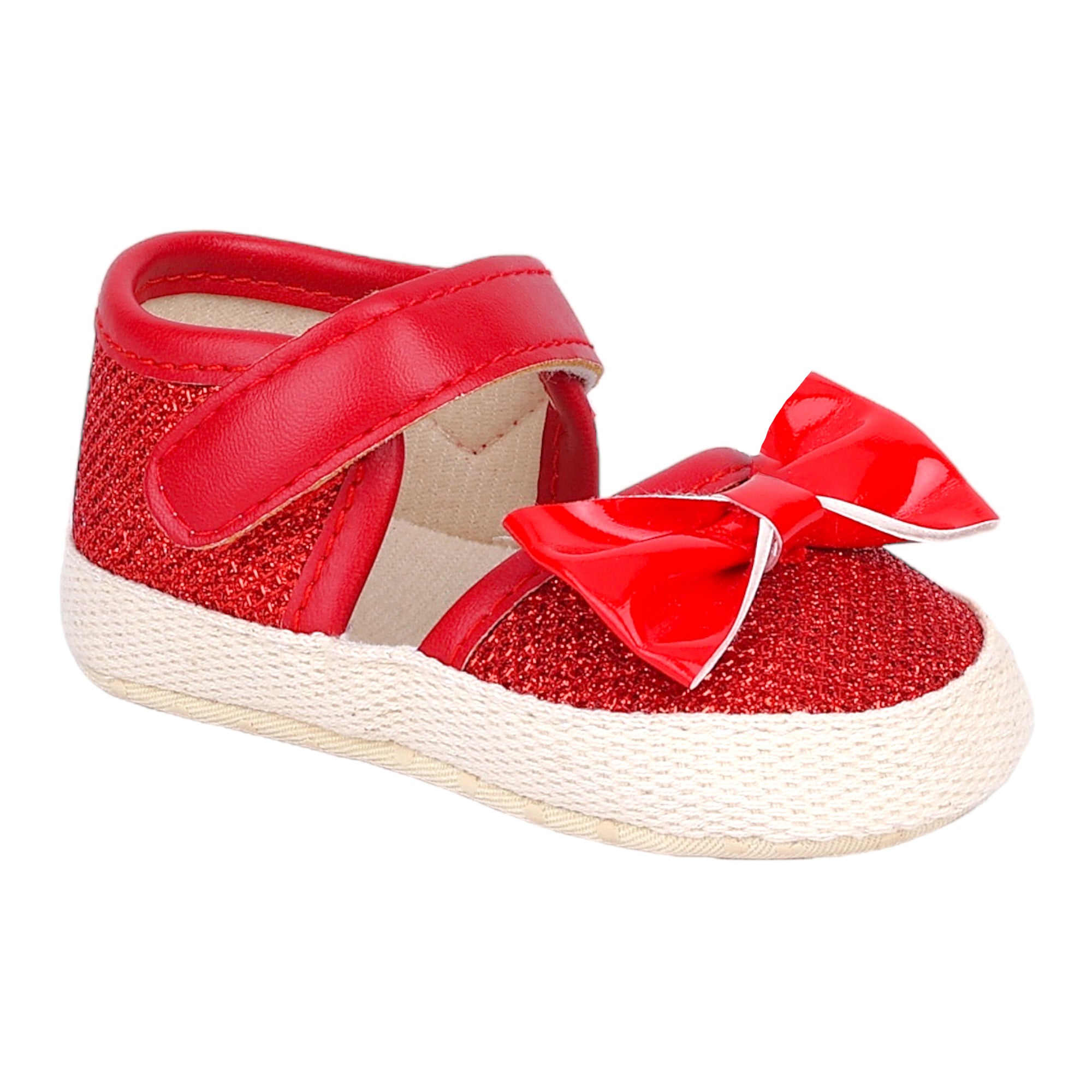 Baby Moo Glittery Partywear Bow Velcro Strap Anti-Skid Sandals - Red