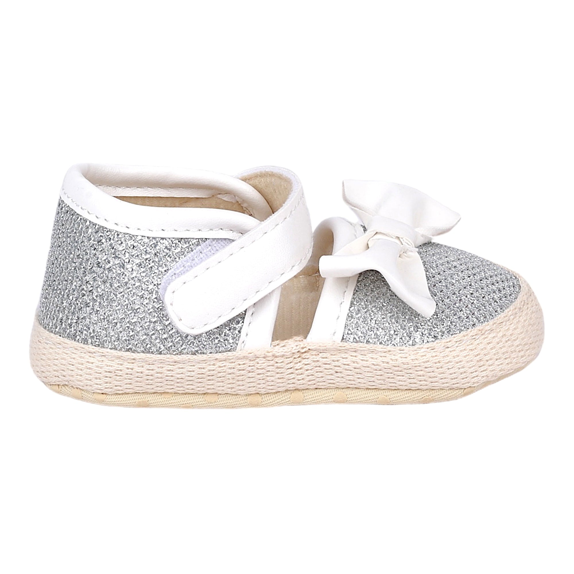 Baby Moo Glittery Partywear Bow Velcro Strap Anti-Skid Sandals - White