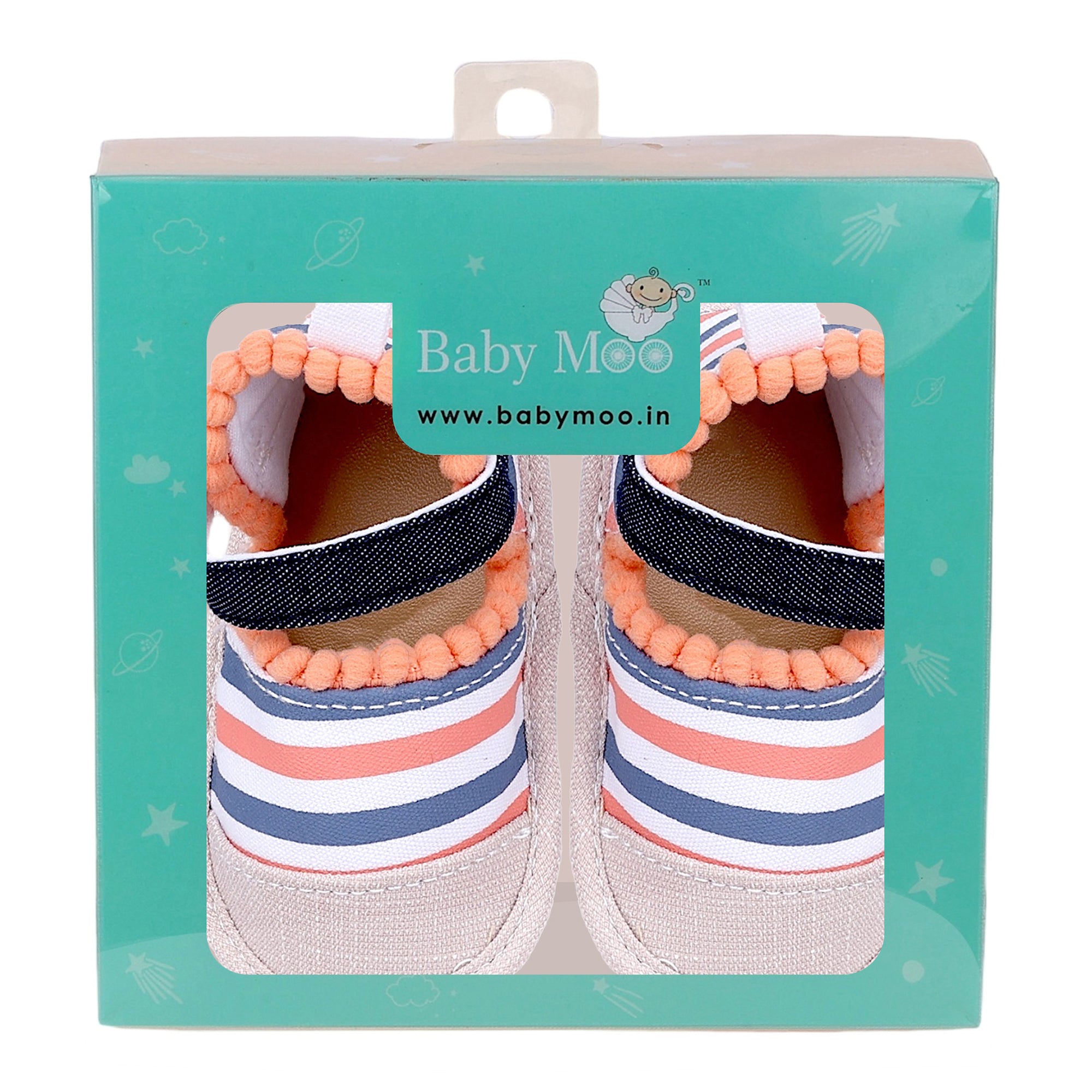 Baby Moo Striped Handmade Pom Pom Trim Velcro Straps Anti-Skid Booties - Peach, White