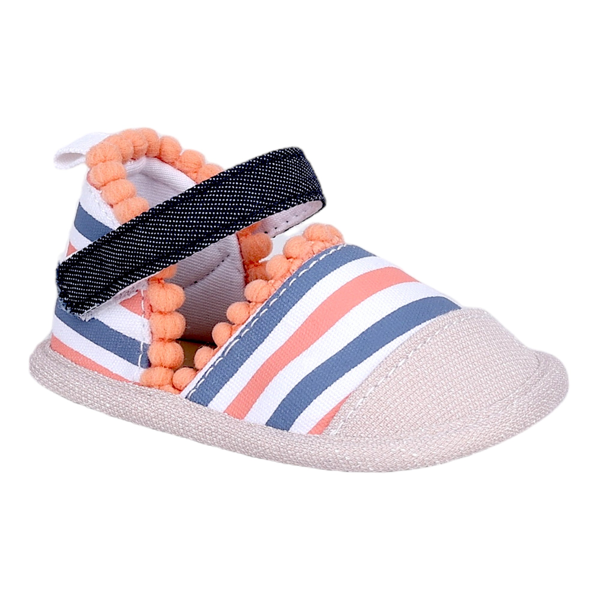 Baby Moo Striped Handmade Pom Pom Trim Velcro Straps Anti-Skid Booties - Peach, White