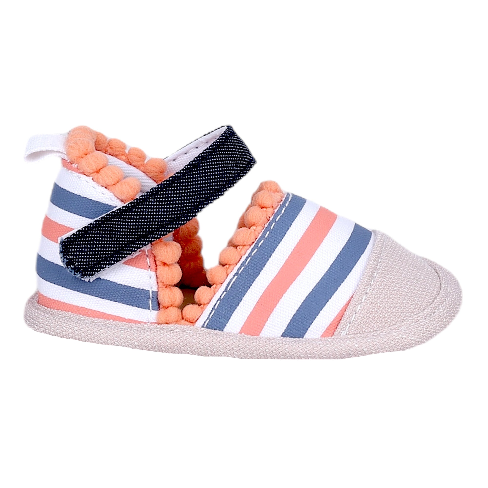 Baby Moo Striped Handmade Pom Pom Trim Velcro Straps Anti-Skid Booties - Peach, White