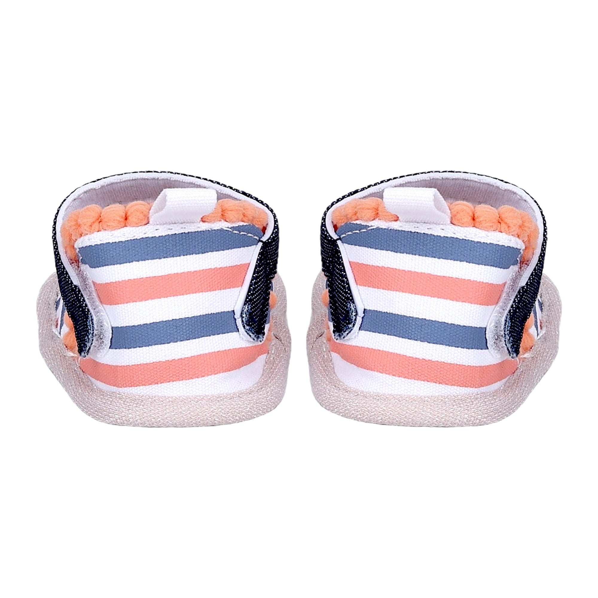 Baby Moo Striped Handmade Pom Pom Trim Velcro Straps Anti-Skid Booties - Peach, White