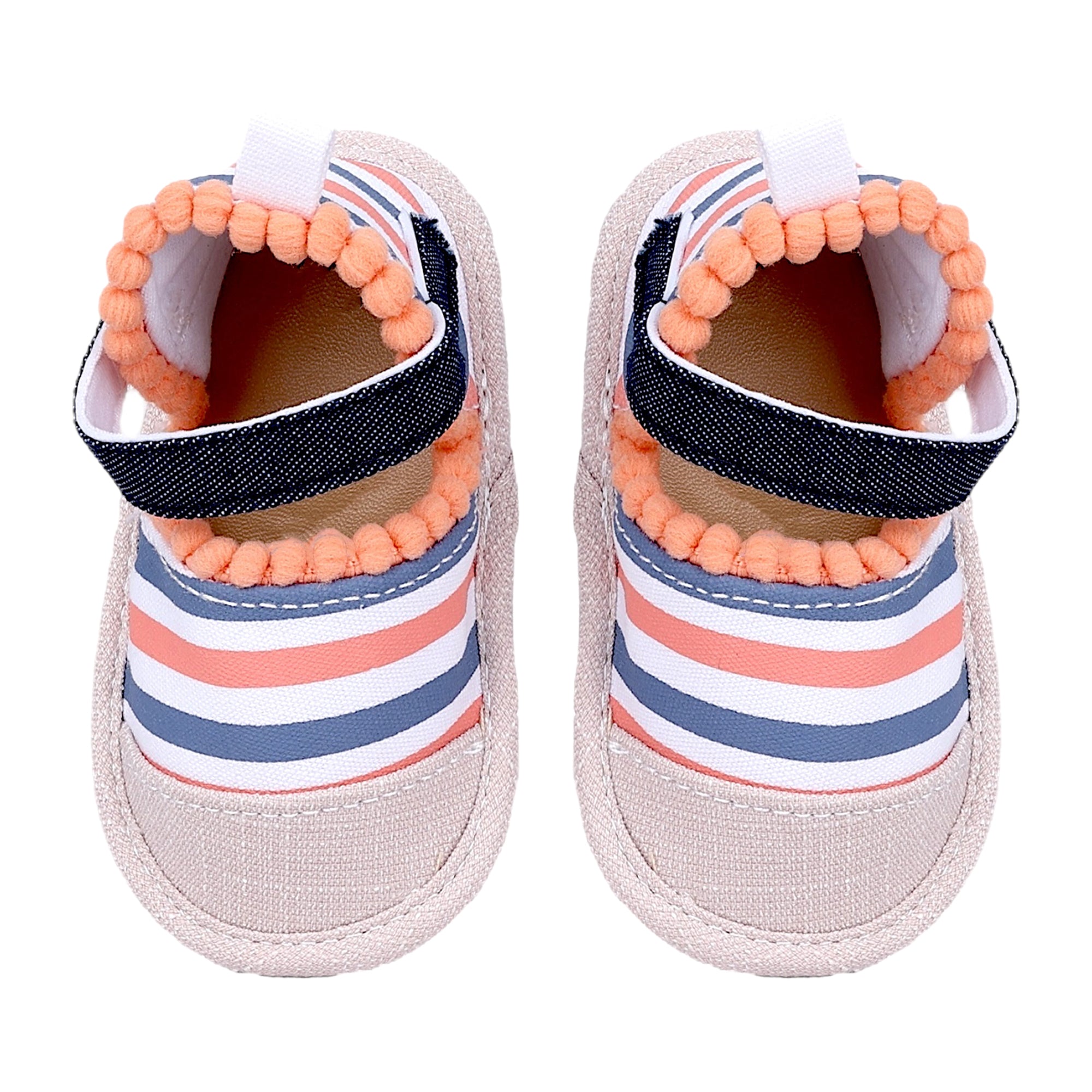 Baby Moo Striped Handmade Pom Pom Trim Velcro Straps Anti-Skid Booties - Peach, White