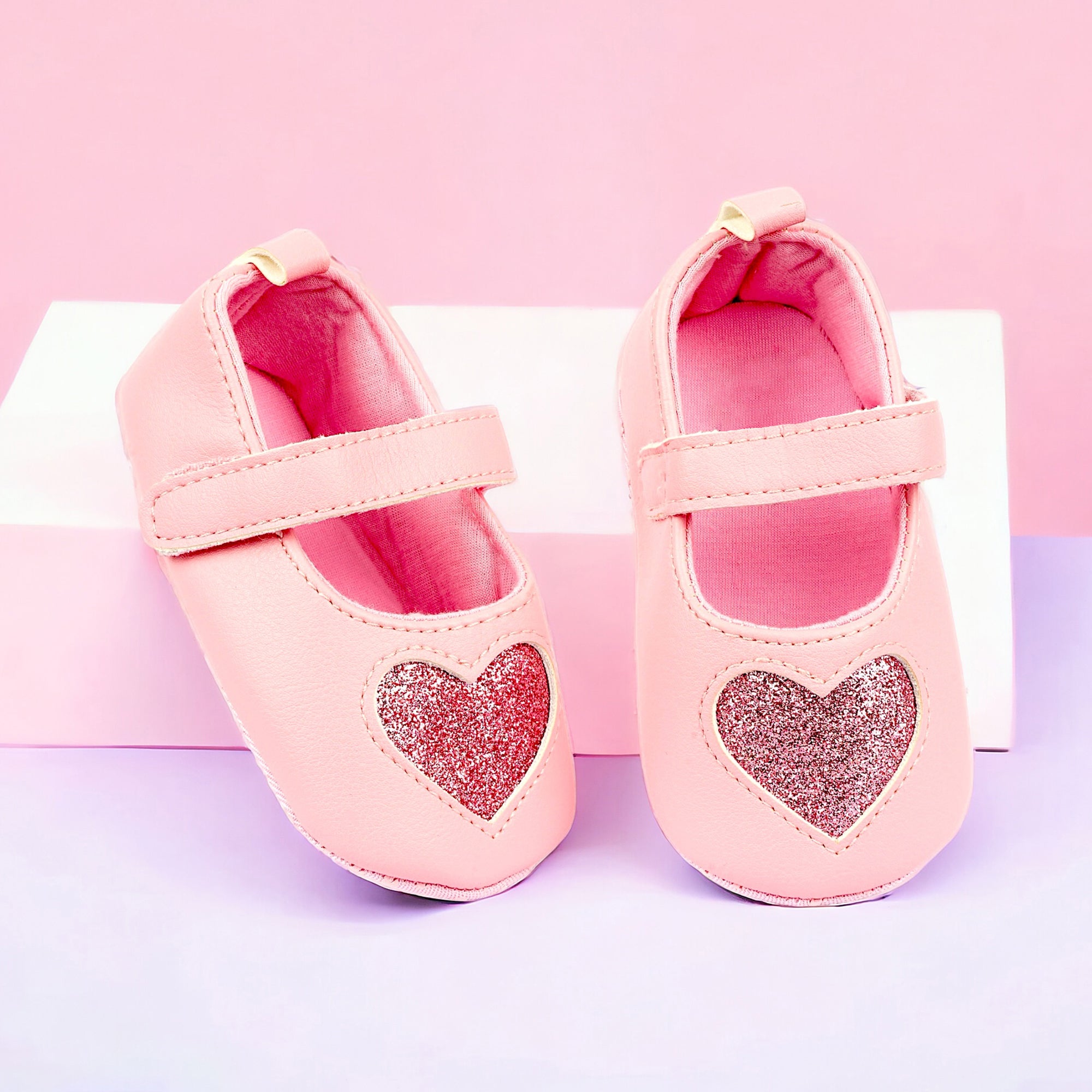 Baby Moo Glittery Heart Anti-Skid Velcro Strap Partywear Ballerina Booties - Pink