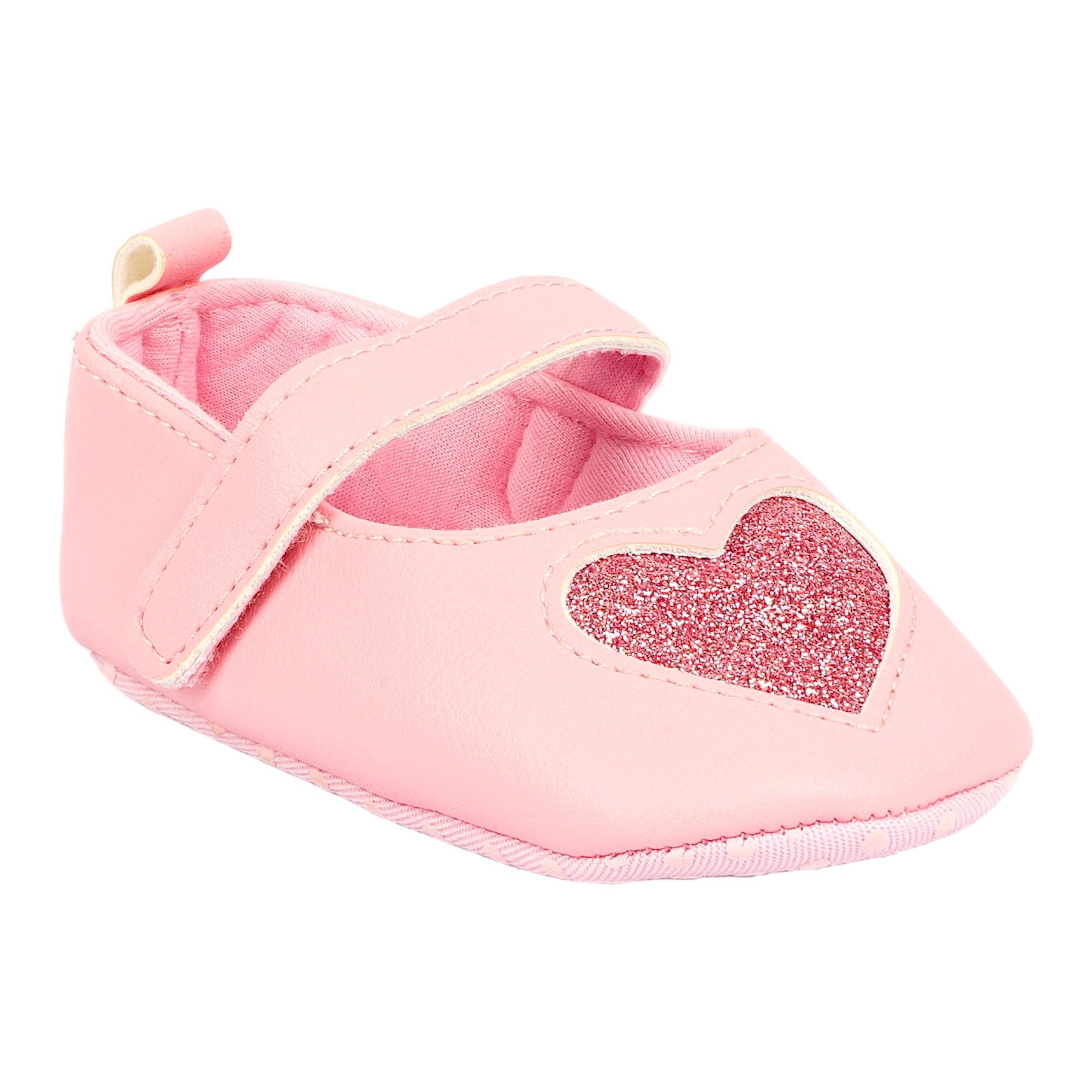 Baby Moo Glittery Heart Anti-Skid Velcro Strap Partywear Ballerina Booties - Pink