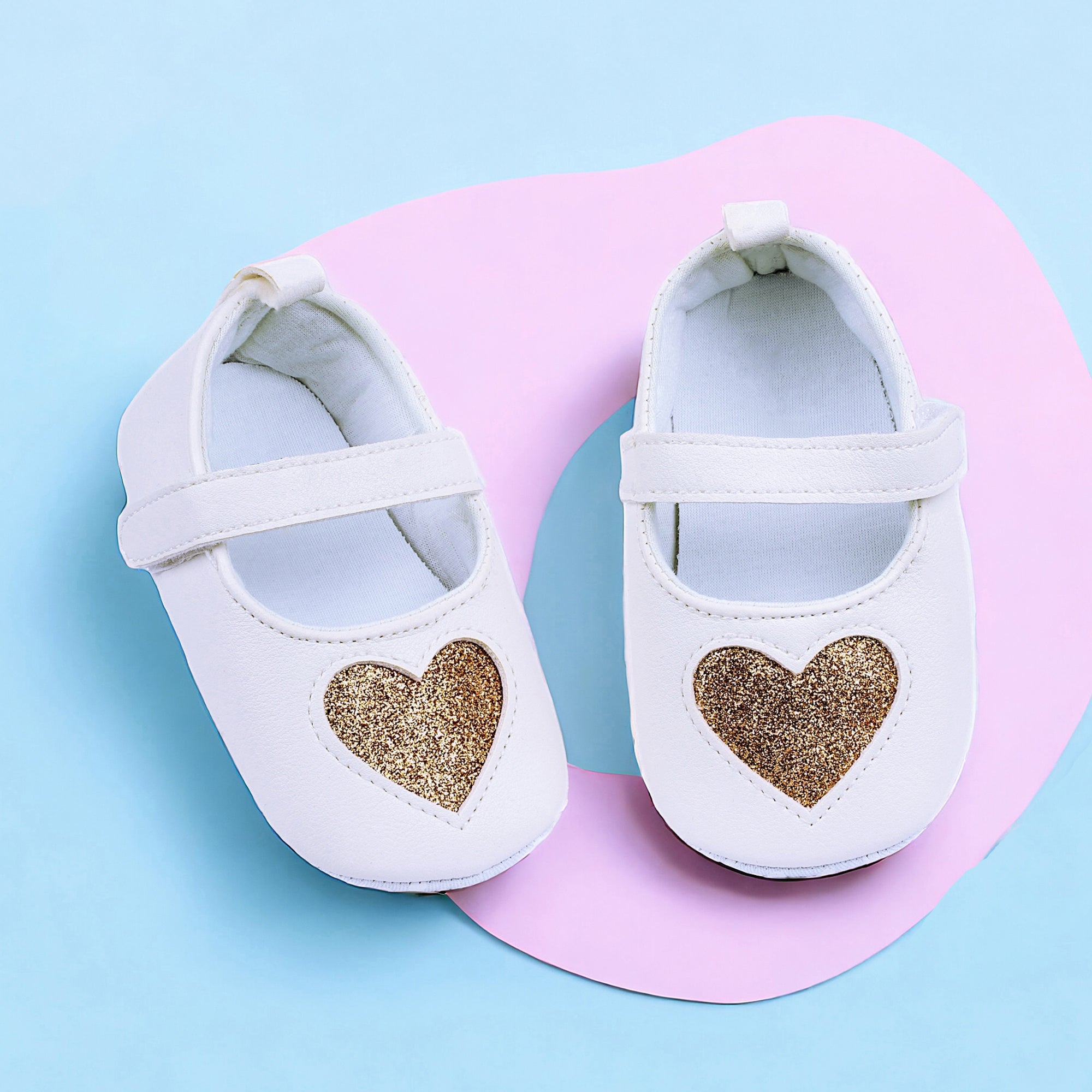 Baby Moo Glittery Heart Anti-Skid Velcro Strap Partywear Ballerina Booties - White, Gold
