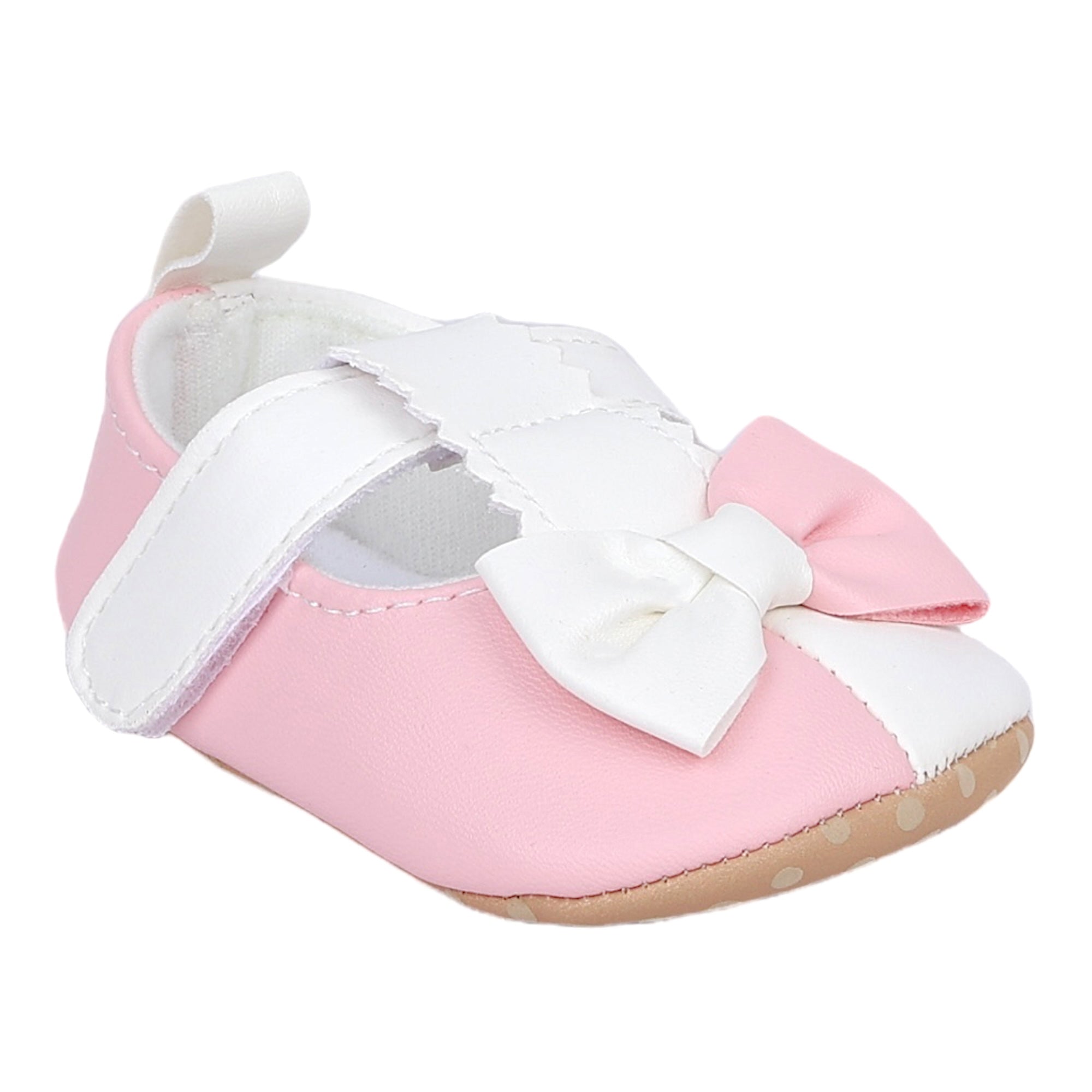 Baby Moo Colour Block Bow Velcro T-Strap Anti Skid- Ballerina Booties - Pink, White