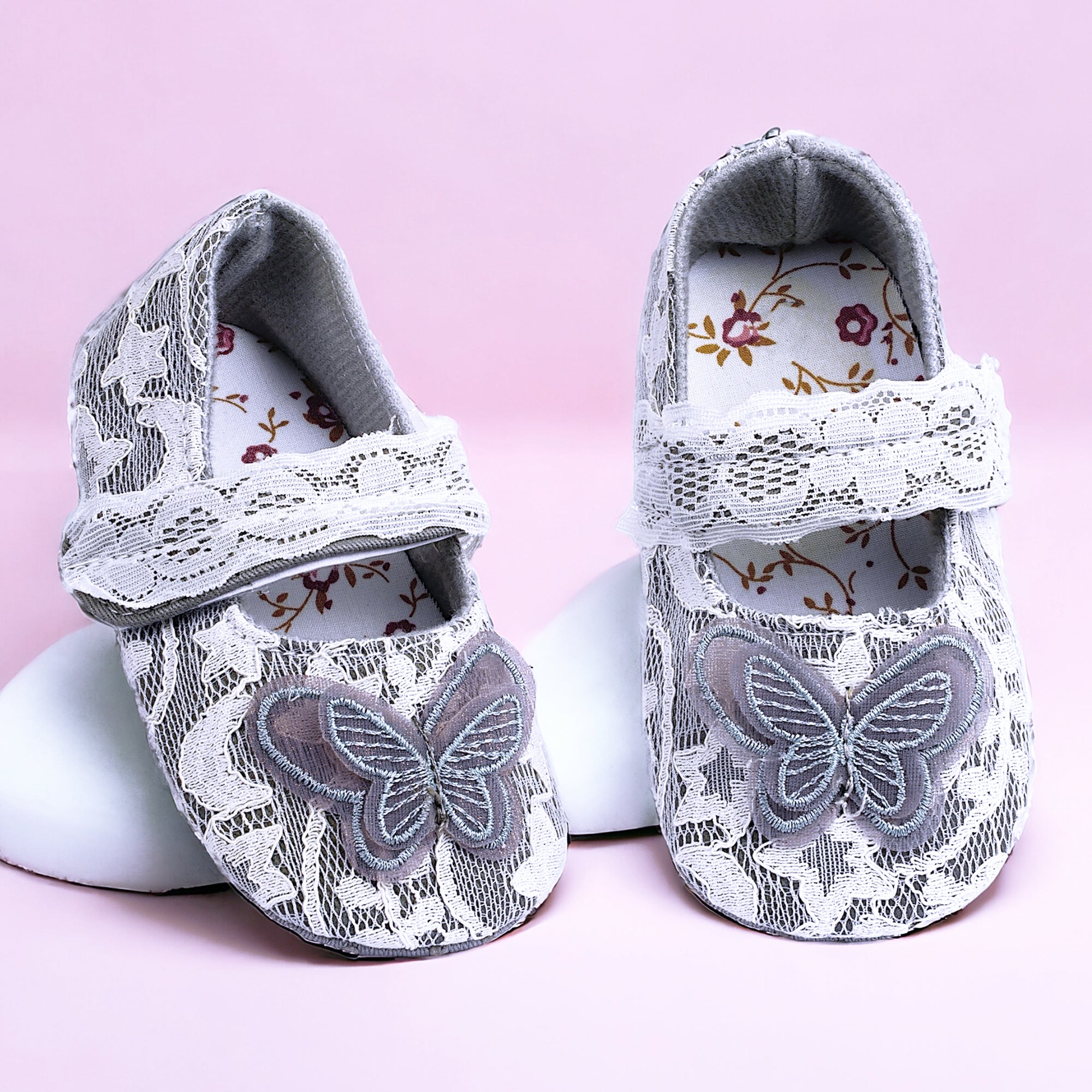 Baby Moo Embellished Butterfly Velcro Strap Lace Ballerina Booties - Silver