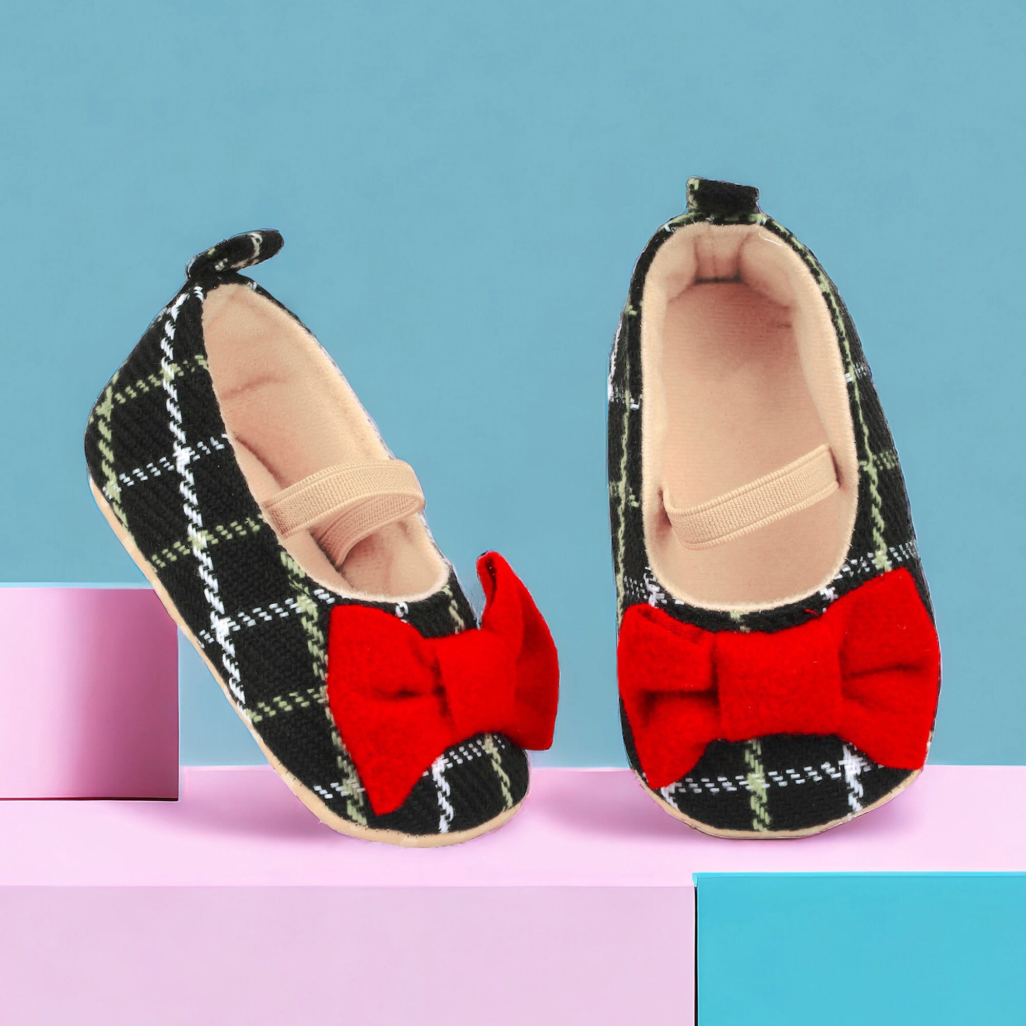 Baby Moo Bow With Elastic Strap Plaid Ballerina Booties - Black