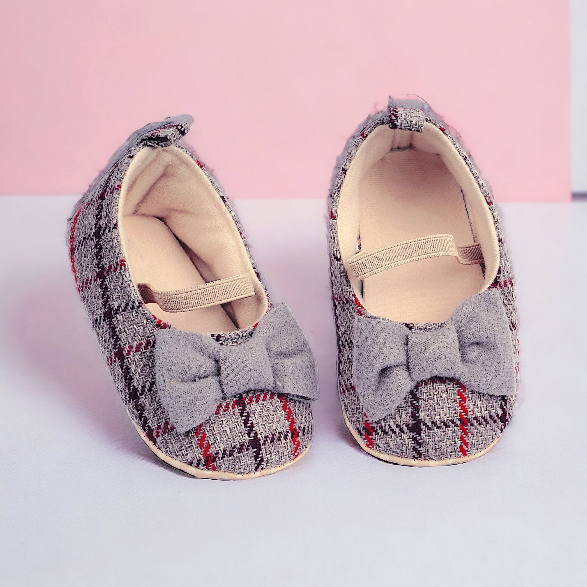 Baby Moo Bow With Elastic Strap Plaid Ballerina Booties - Grey