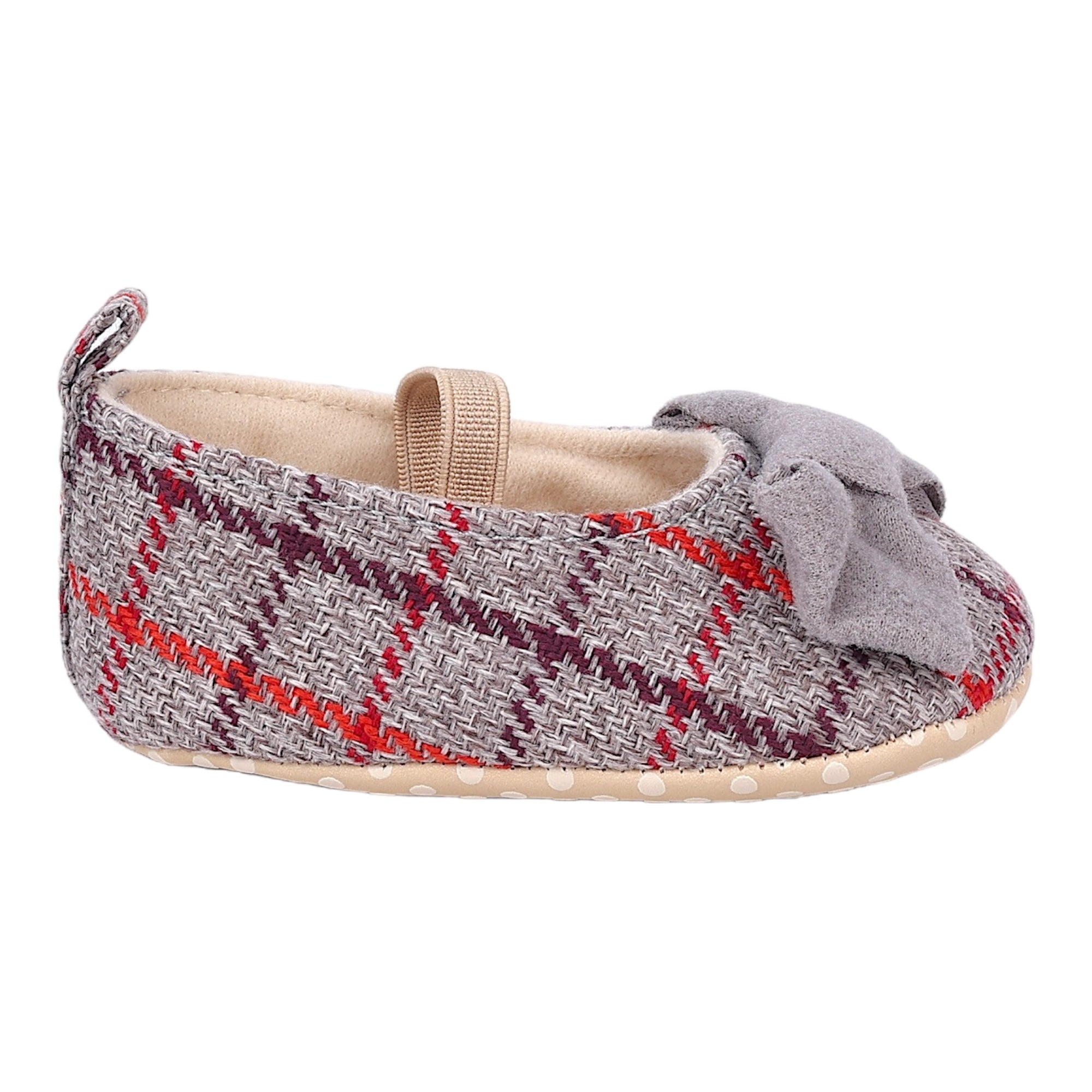 Baby Moo Bow With Elastic Strap Plaid Ballerina Booties - Grey