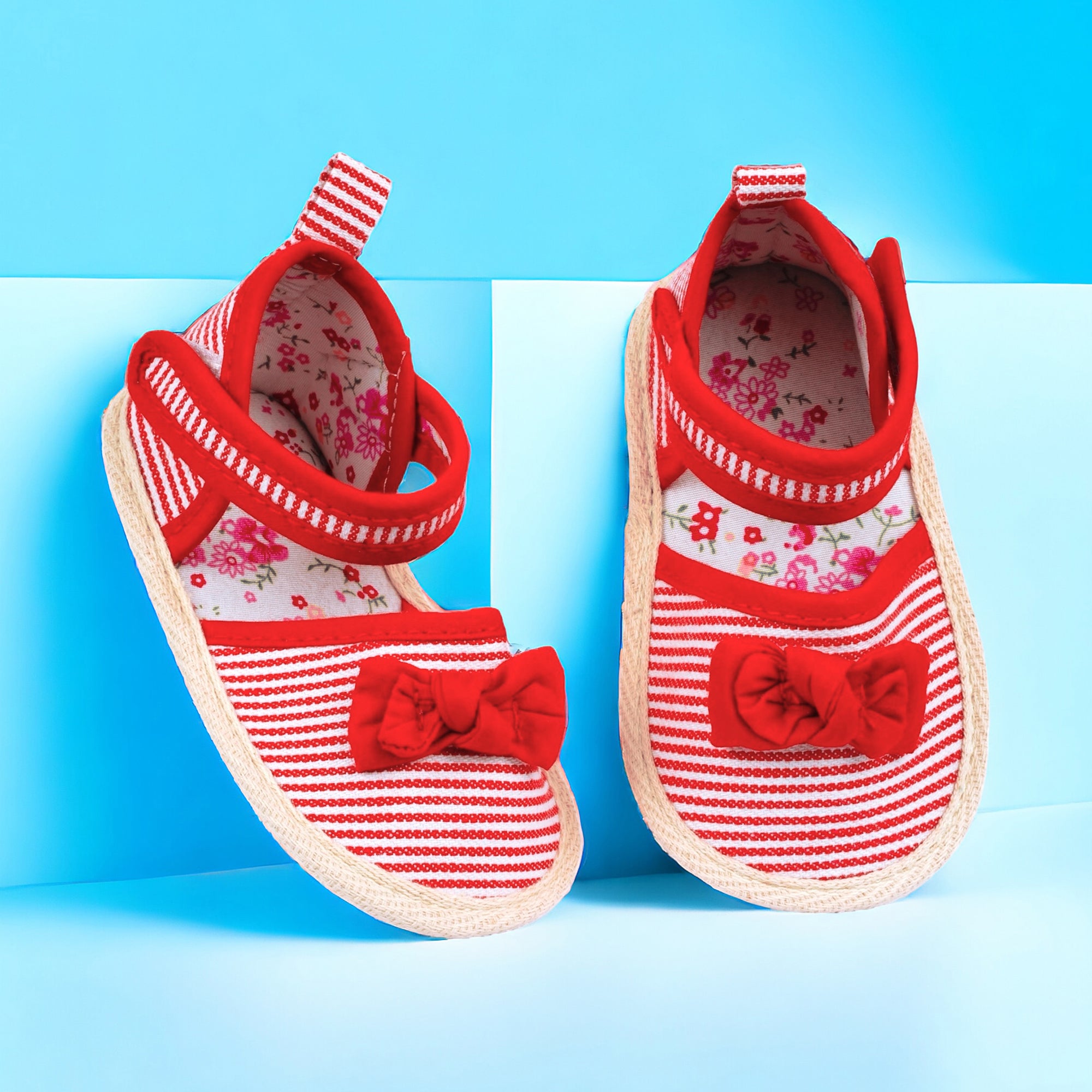 Baby Moo Bow Knot Striped Velcro Straps Anti-Skid Sandals - Red