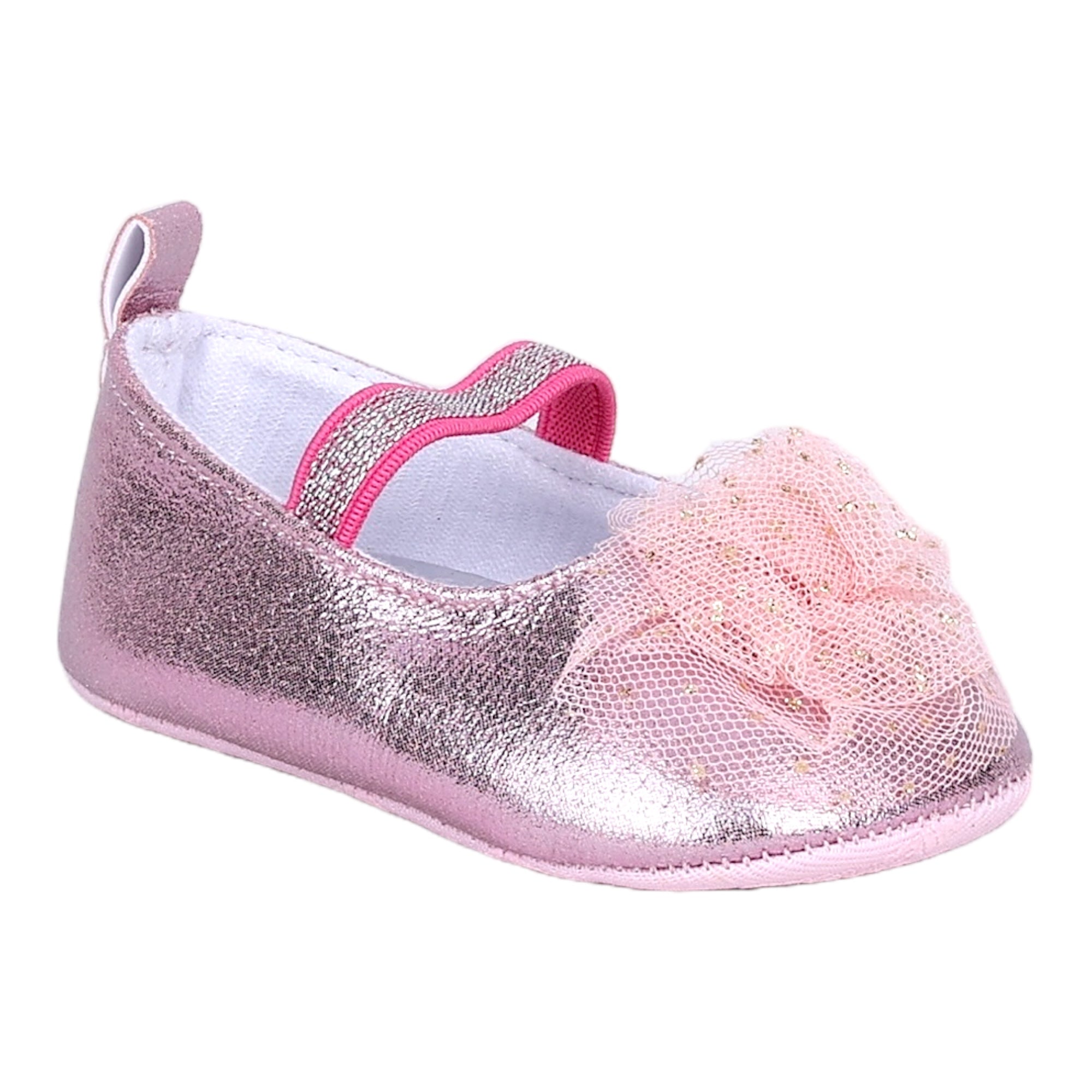 Baby Moo Embellished Flower Elastic Strap Gllittery Ballerina Booties - Pink, Metallic
