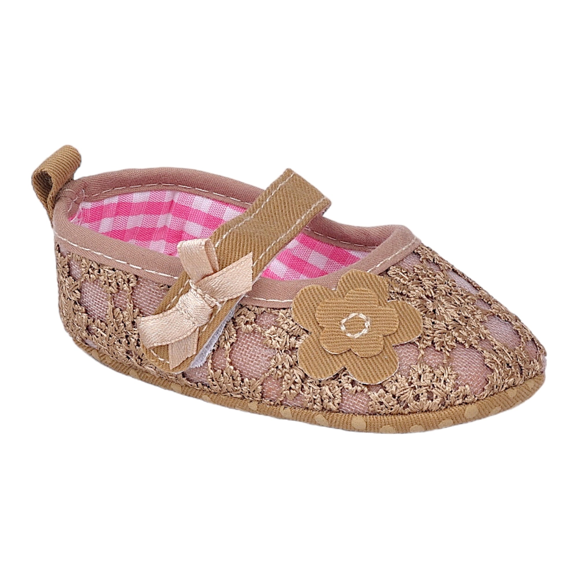 Baby Moo Floral Applique Lace Velcro Strap Ballerina Booties - Gold