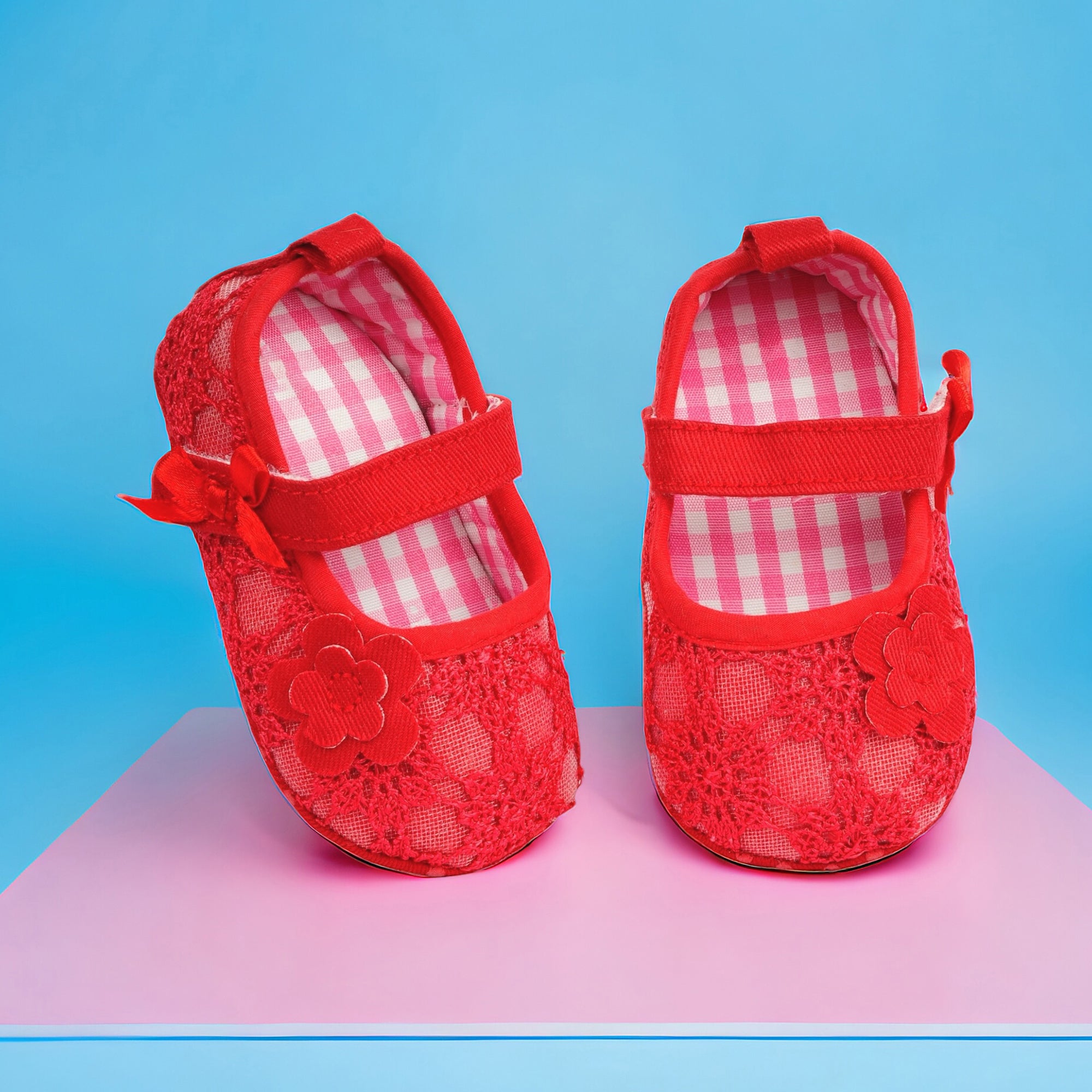 Baby Moo Floral Applique Lace Velcro Strap Ballerina Booties - Red