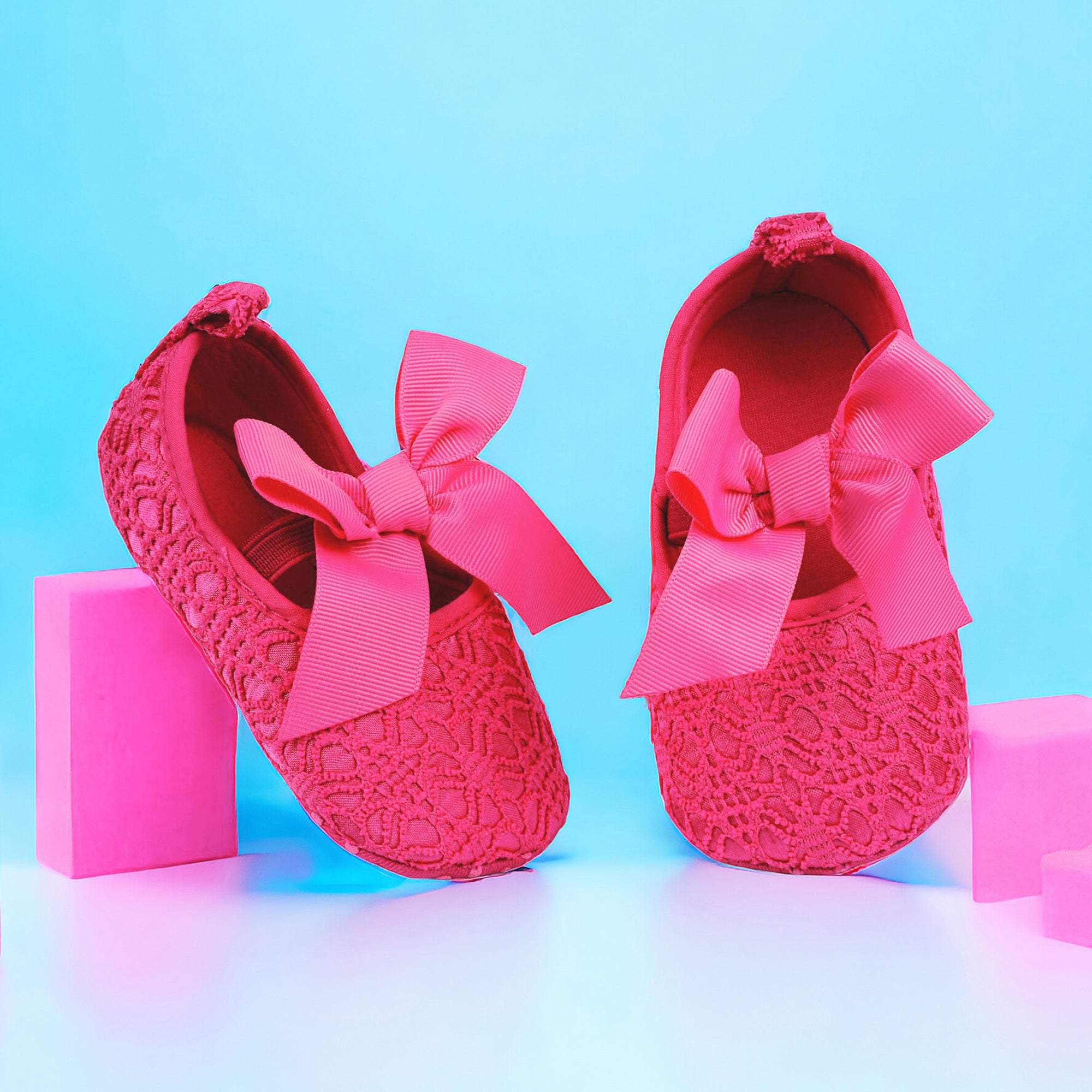Baby Moo Big Bow Satin Lace Elastic Strap Ballerina Booties - Pink