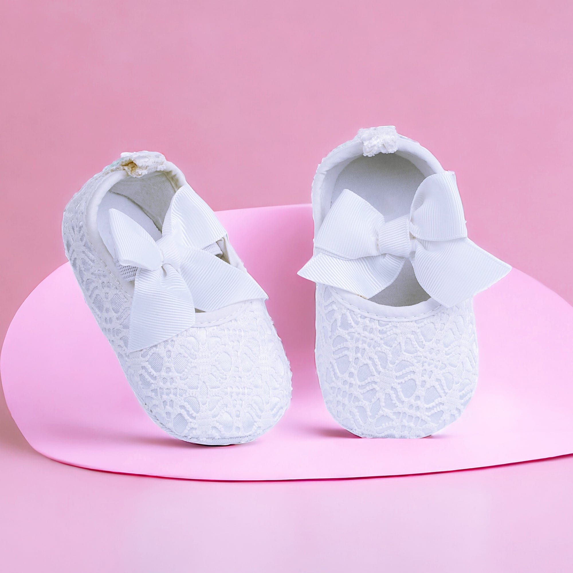 Baby Moo Big Bow Satin Lace Elastic Strap Ballerina Booties - White