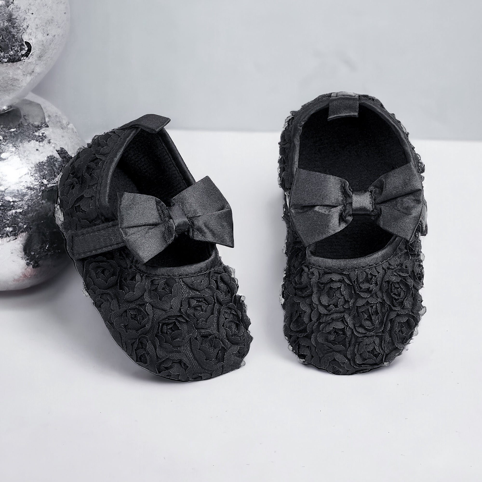 Baby Moo Big Bow Floral Lace Elastic Strap Ballerina Booties - Black