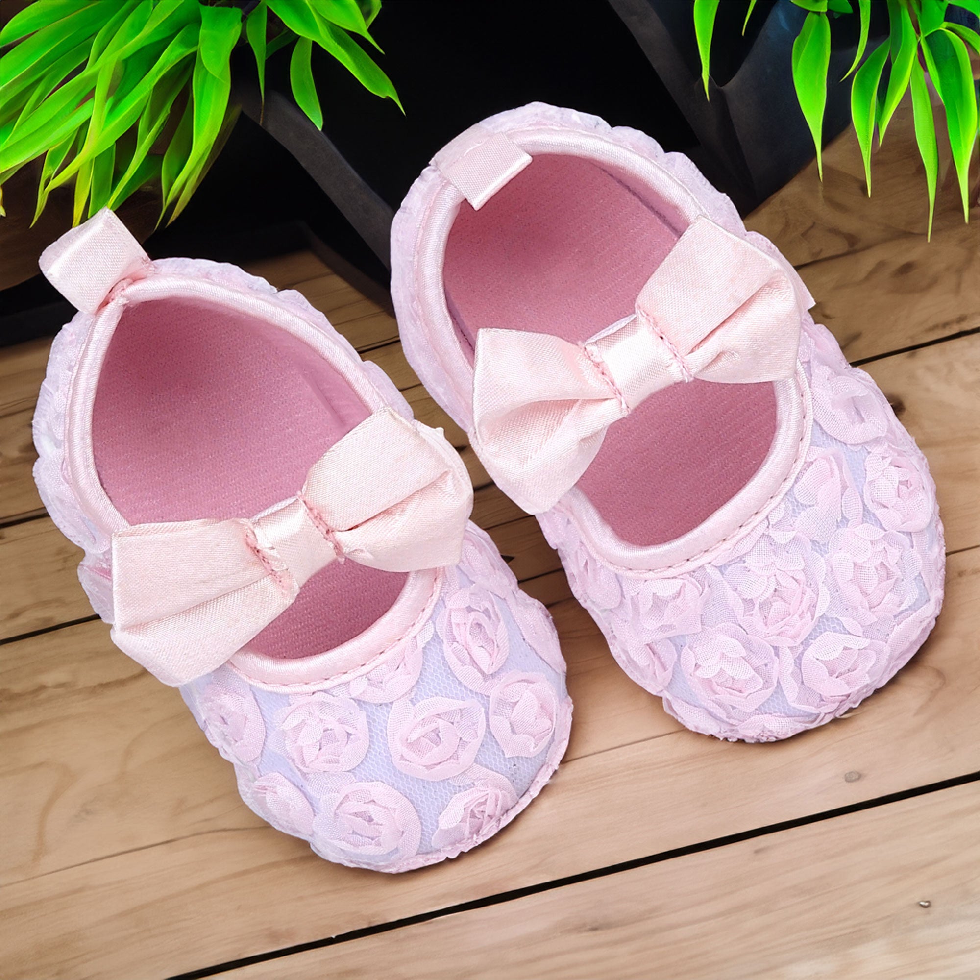 Baby Moo Big Bow Floral Lace Elastic Strap Ballerina Booties - Pink