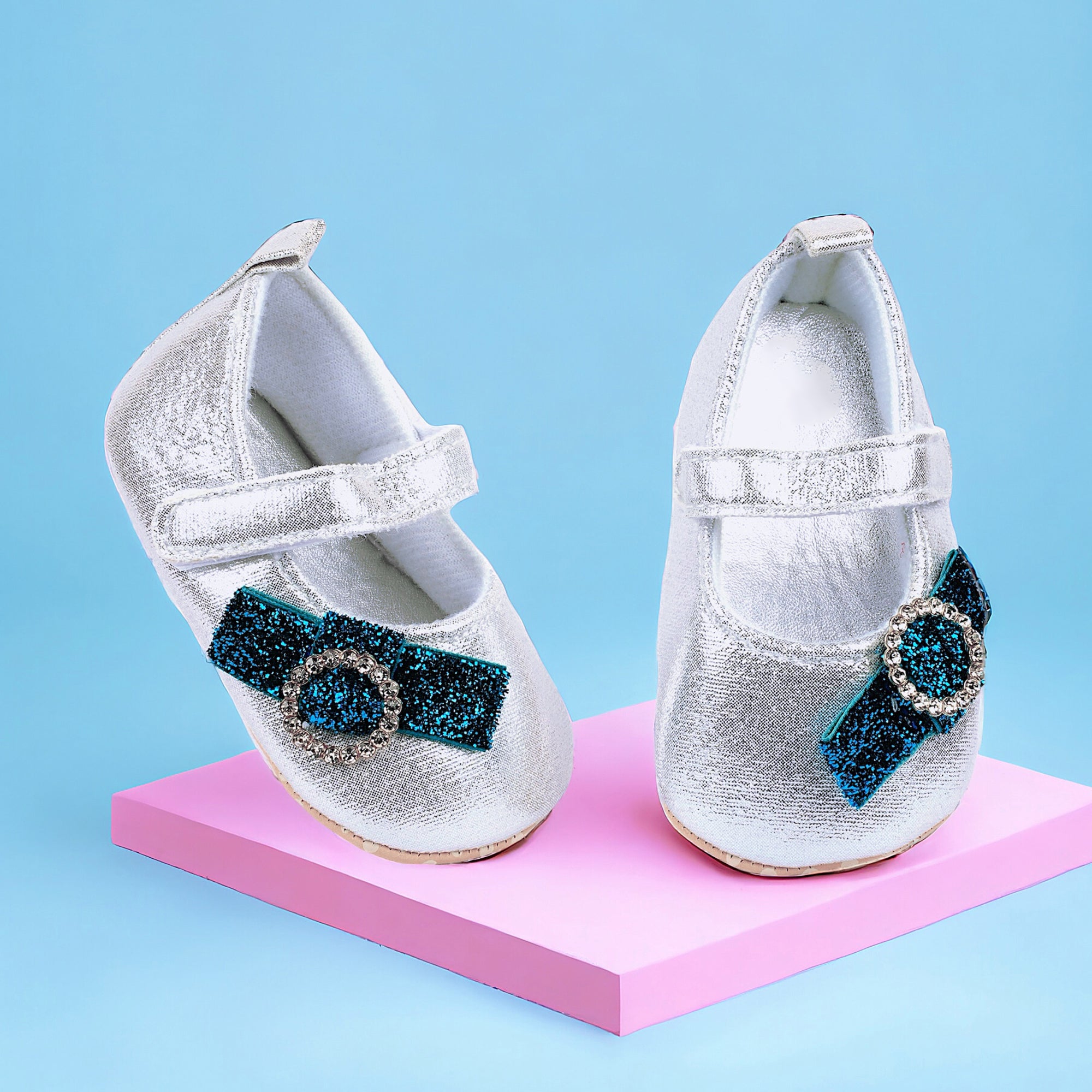 Baby Moo Shining Partywear Bow Applique Velcro Strap Ballerina Booties - Silver