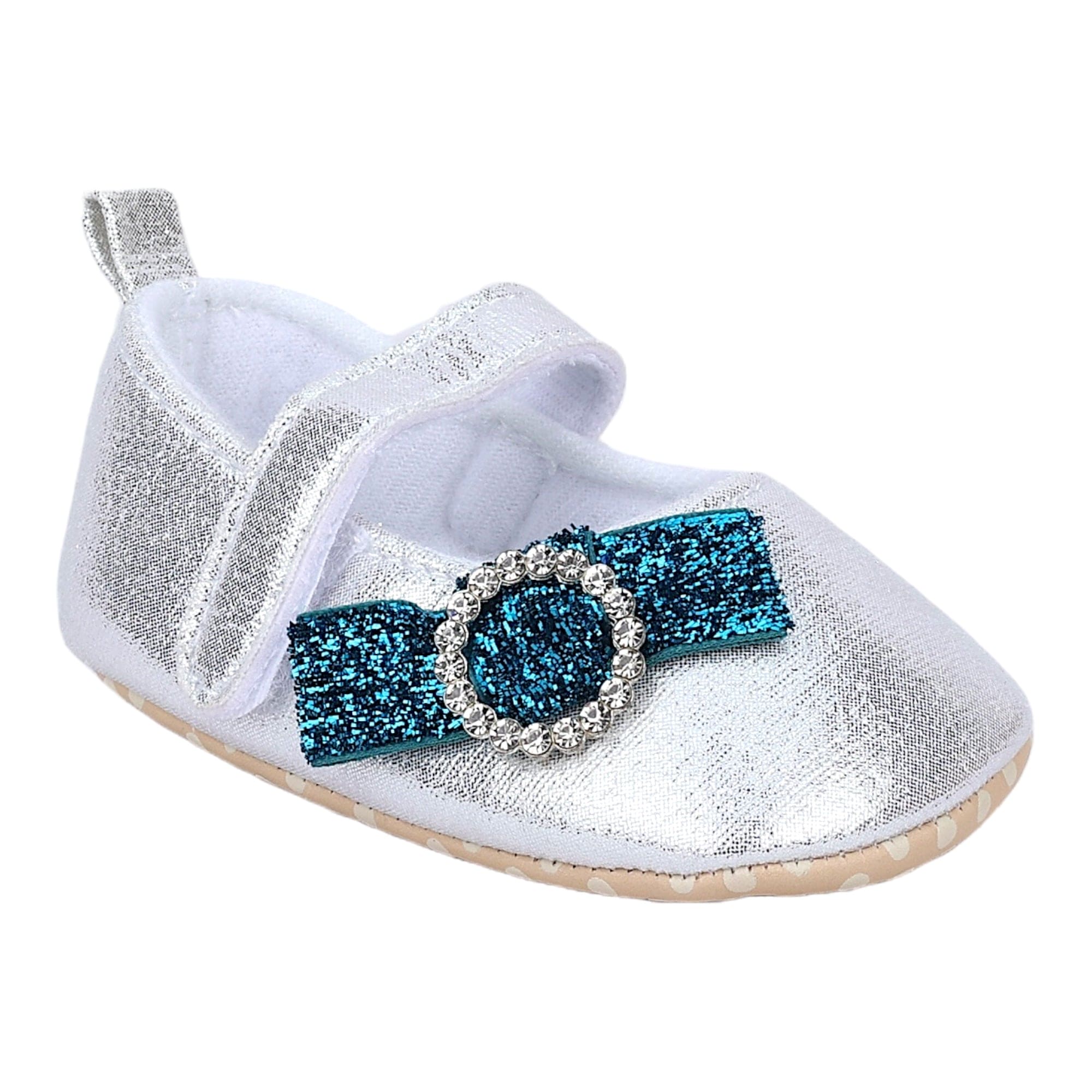 Baby Moo Shining Partywear Bow Applique Velcro Strap Ballerina Booties - Silver